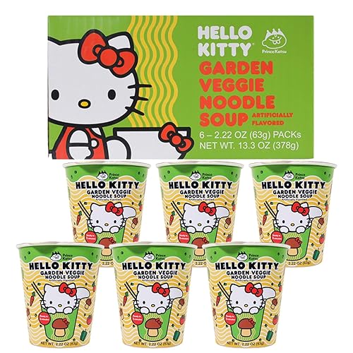 Hello Kitty Vegan Ramen Noodle Cup | 6 Pack Vegan Veggie Garden Flavor | Premium Microwaveable Ramen Soup Mix, Asian Snacks