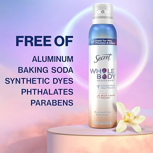 Miniatura 4 de Secret Desodorante de cuerpo entero para mujeres, aroma a melocotón y vainilla, desodorante en aerosol sin aluminio, protección contra olores 72 HR,
