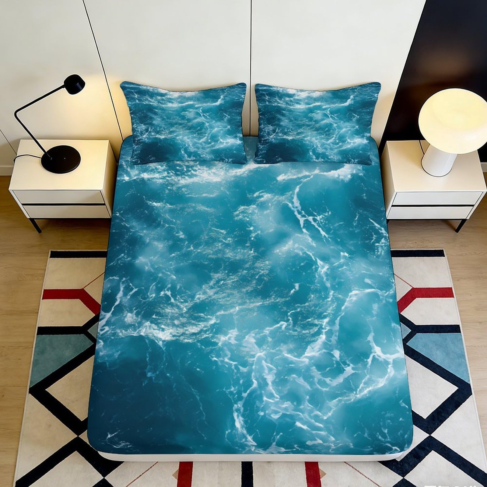 3D Printed Ocean Fitted Sheet Microfiber Bedroom Bedding Deep Pocket Non-Slip Ocean Mattress Fitted Cover for Adults Teens 180x200x25cm