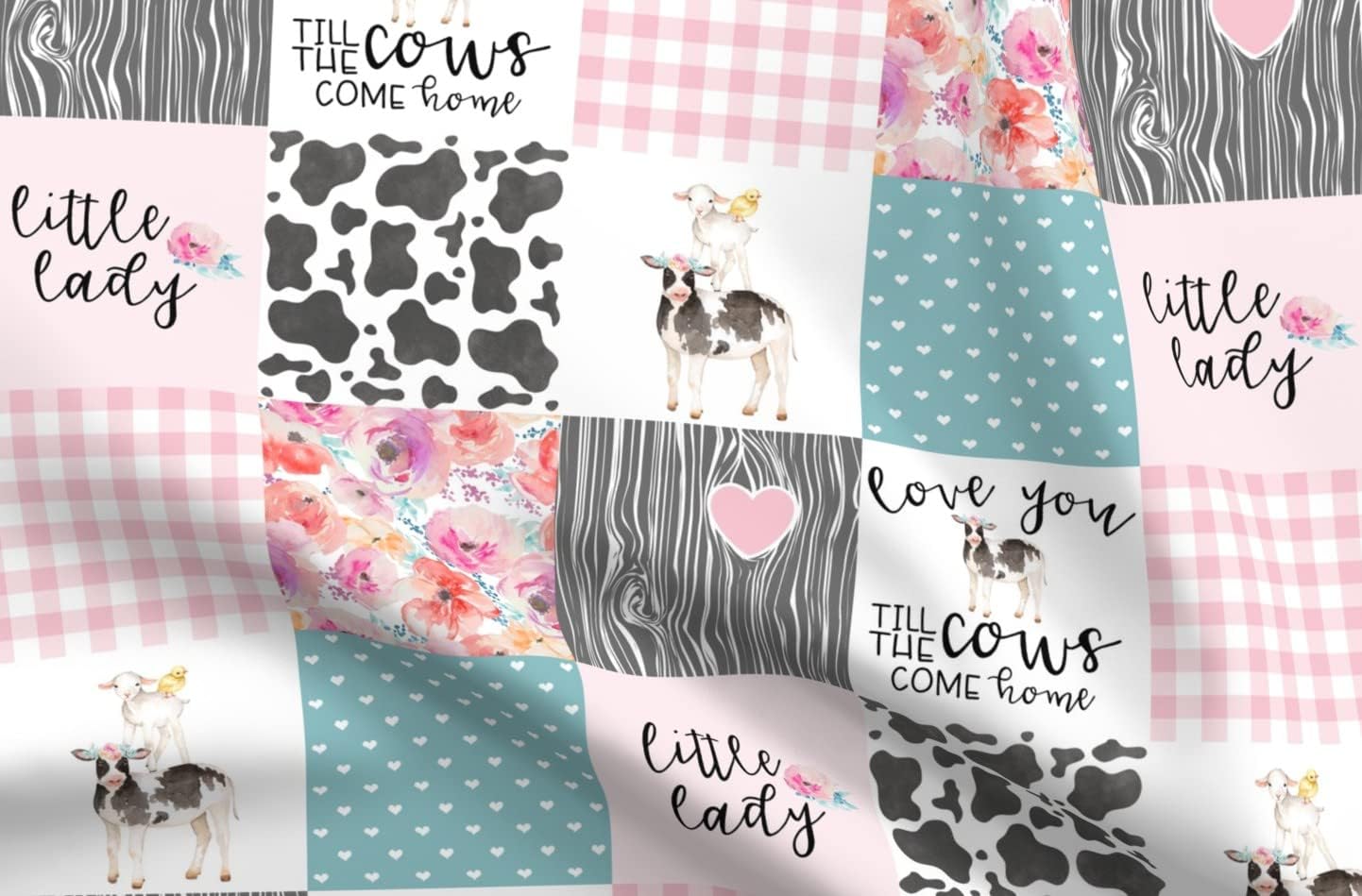 Spoonflower Fabric - Farm Life Wholecloth Cows Animals Cheater Quilt Topper Baby Girl Printed on Organic Cotton Sateen Fabric by The Yard - Sewing Quilting Apparel Home Decor