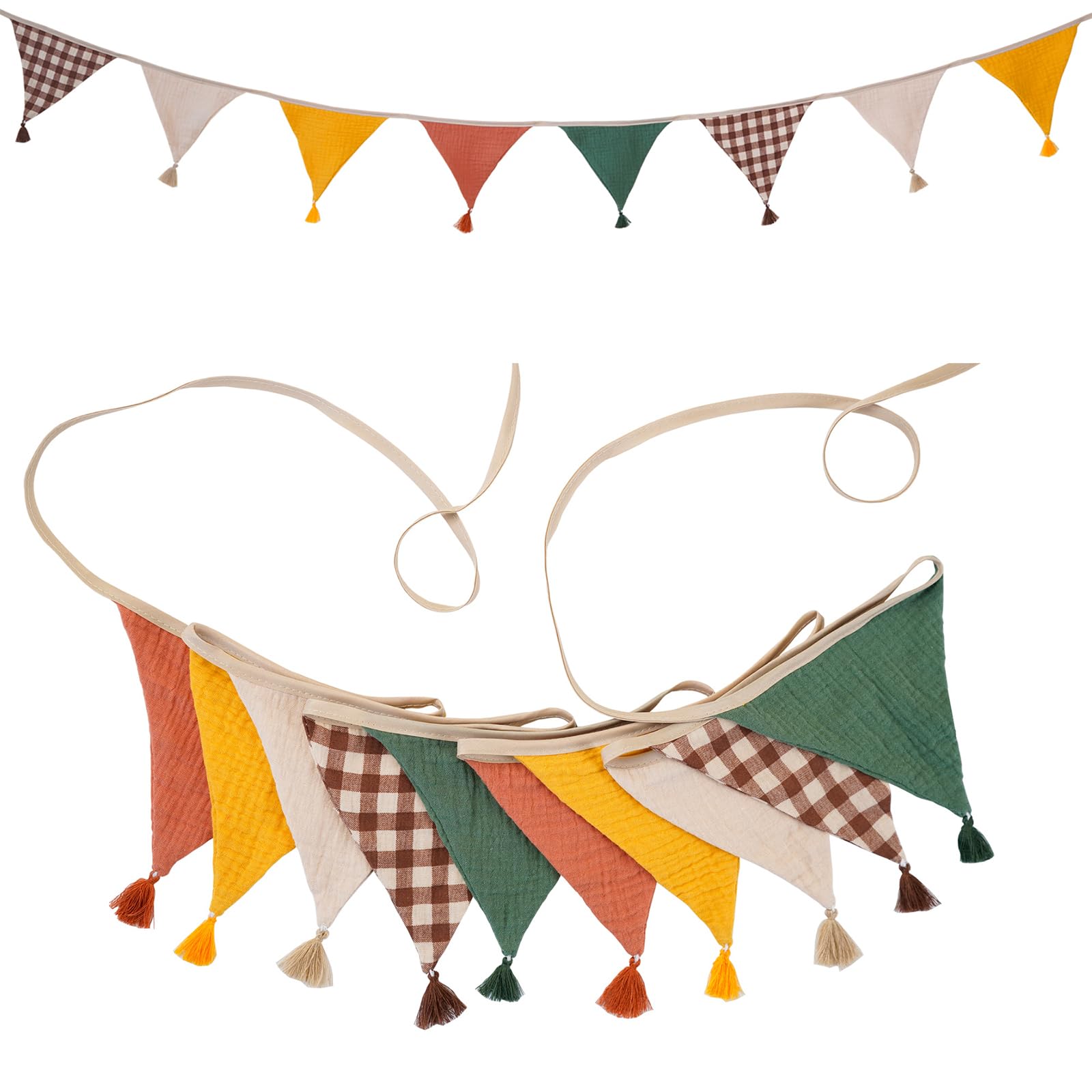 G2PLUS Muslin Fabric Bunting with Tassel: 10PCS Double Sided Cotton Garland, 2.6m Nursery Fabric Triangle Banner for Nursery, Bedroom, Baby Shower, Brithday Party Decoration, Maroon and Olive Green — image 1