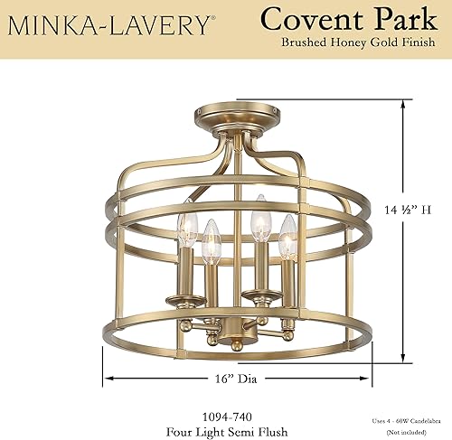 Miniatura 3 de Minka Lavery Covent Park 1094-740 Covent Park - Lámpara de techo semiempotrada con marco de metal, 4 luces, 240 vatios en total, oro miel cepillado,