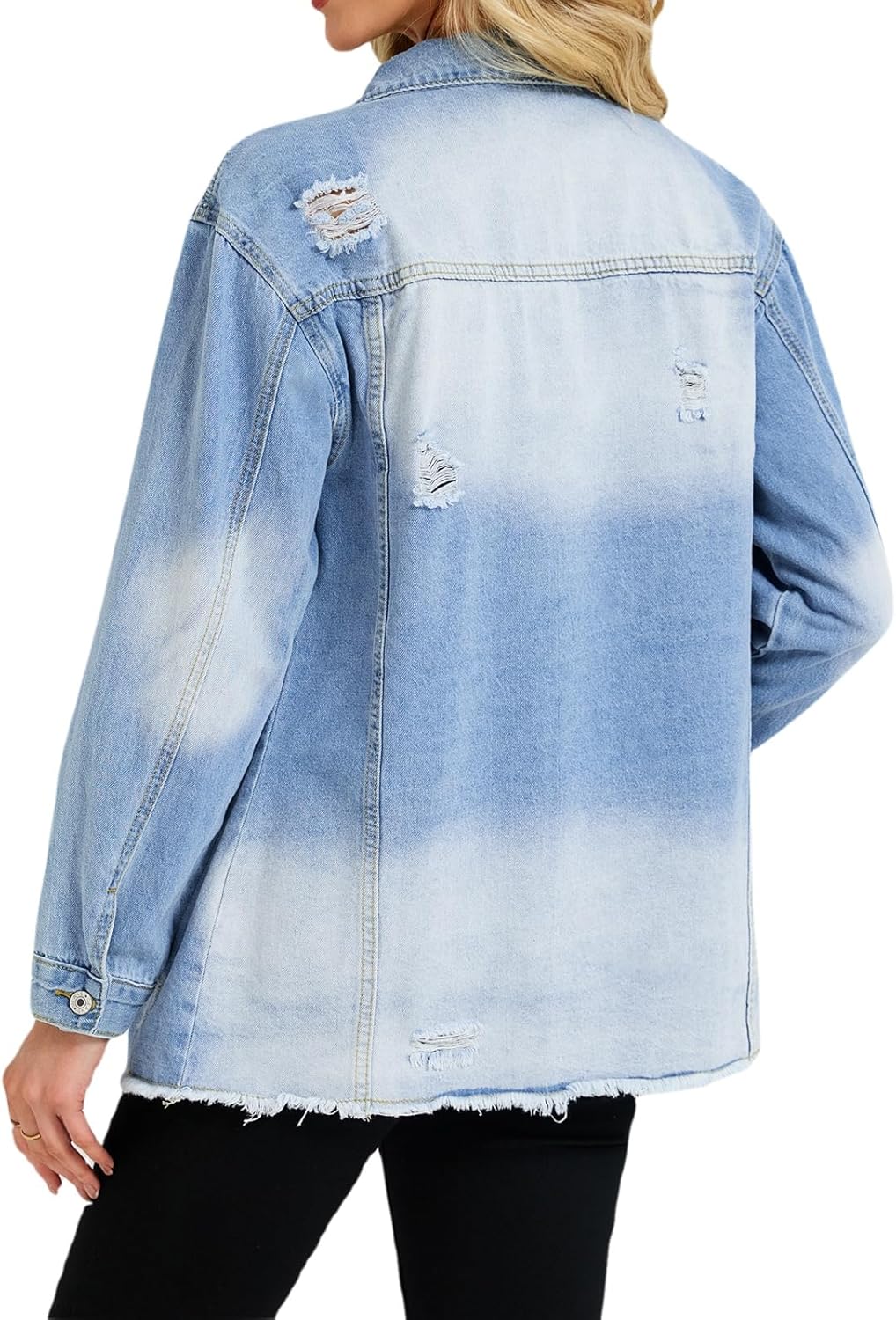 LifeShe Women’s Distressed Denim Jacket Long Sleeve Ripped Jean Coat with Frayed Hem, Casual Loose Fit Button Down Outerwear - Image 2