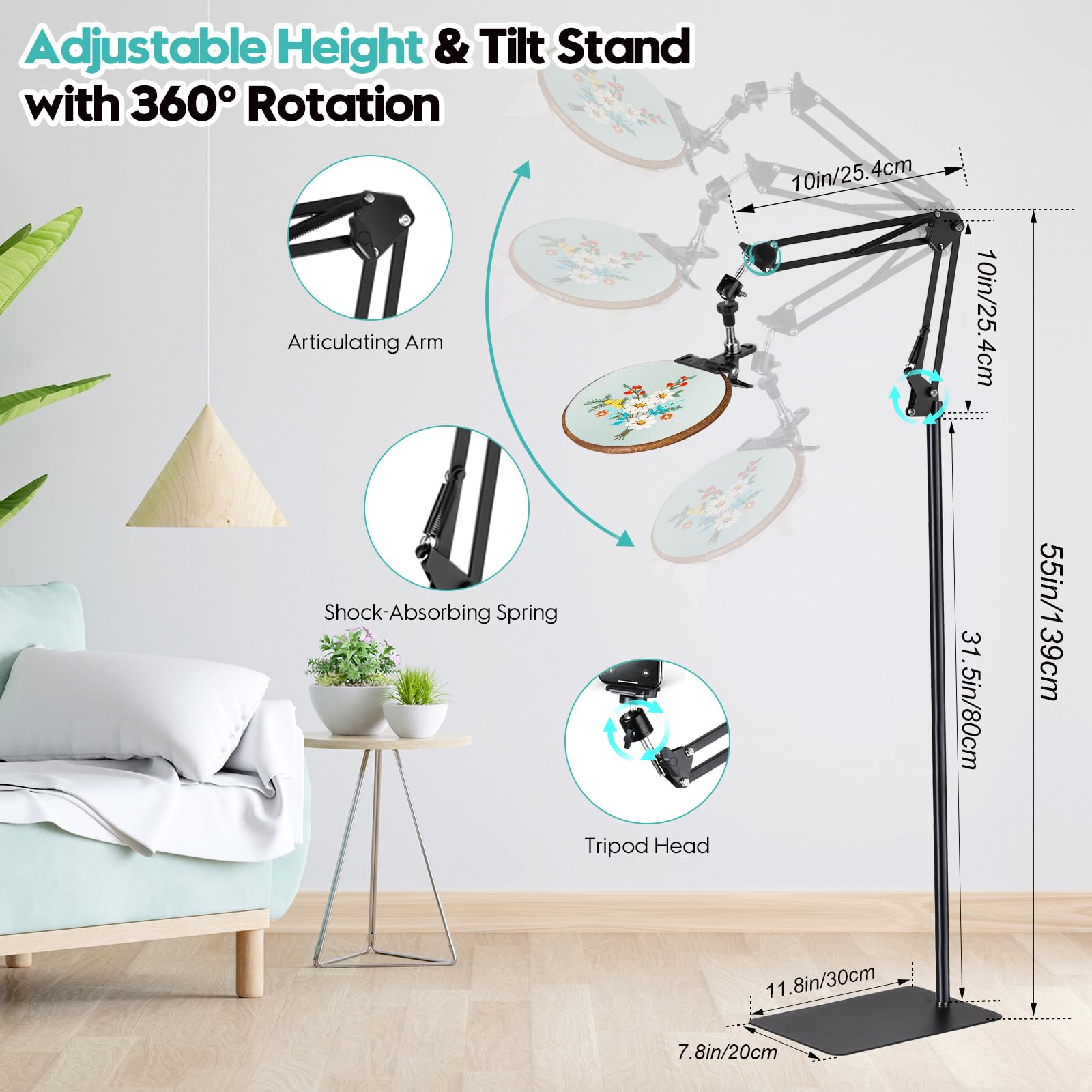 Soporte de aro de bordado, soporte de bordado, apto para aros de bordado, soporte de bordado para suministros de punto de cruz (negro) - Modo dual