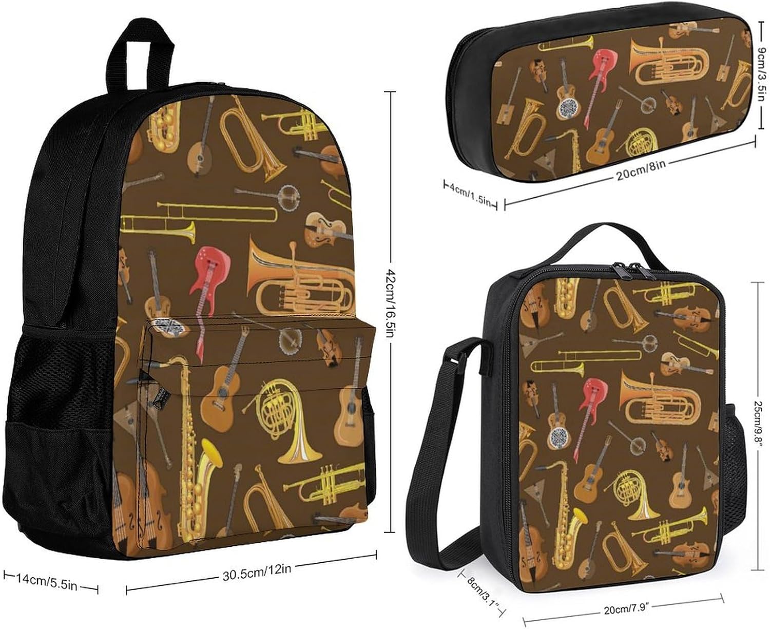 Trumpet Musical Instrument Pattern 3 Piece Backpack Sets With Lunch Bag Pencil Case Combination Hiking Travel Work