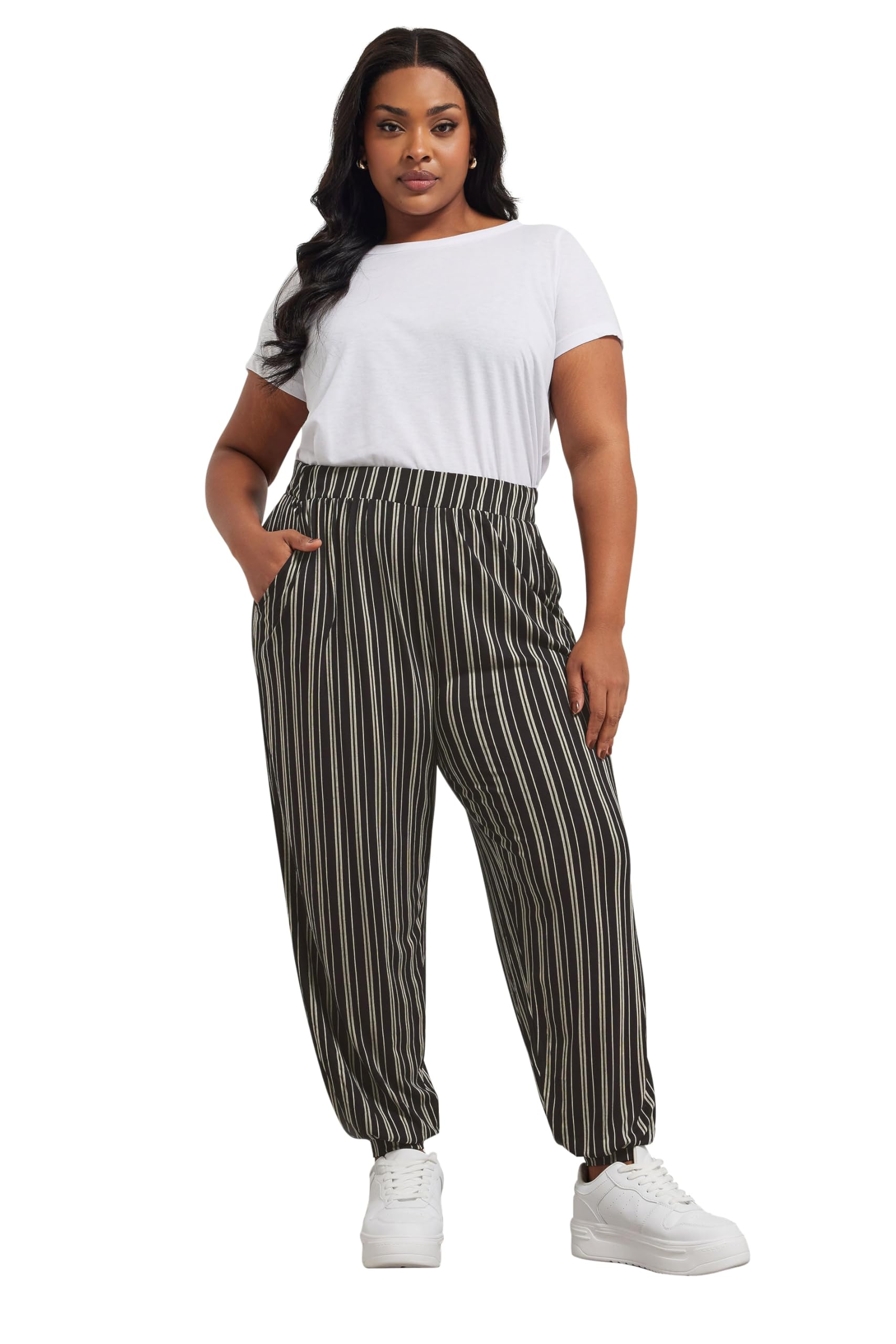 Yours Women's Black Striped Jersey Cuffed Trousers In Size 26-28