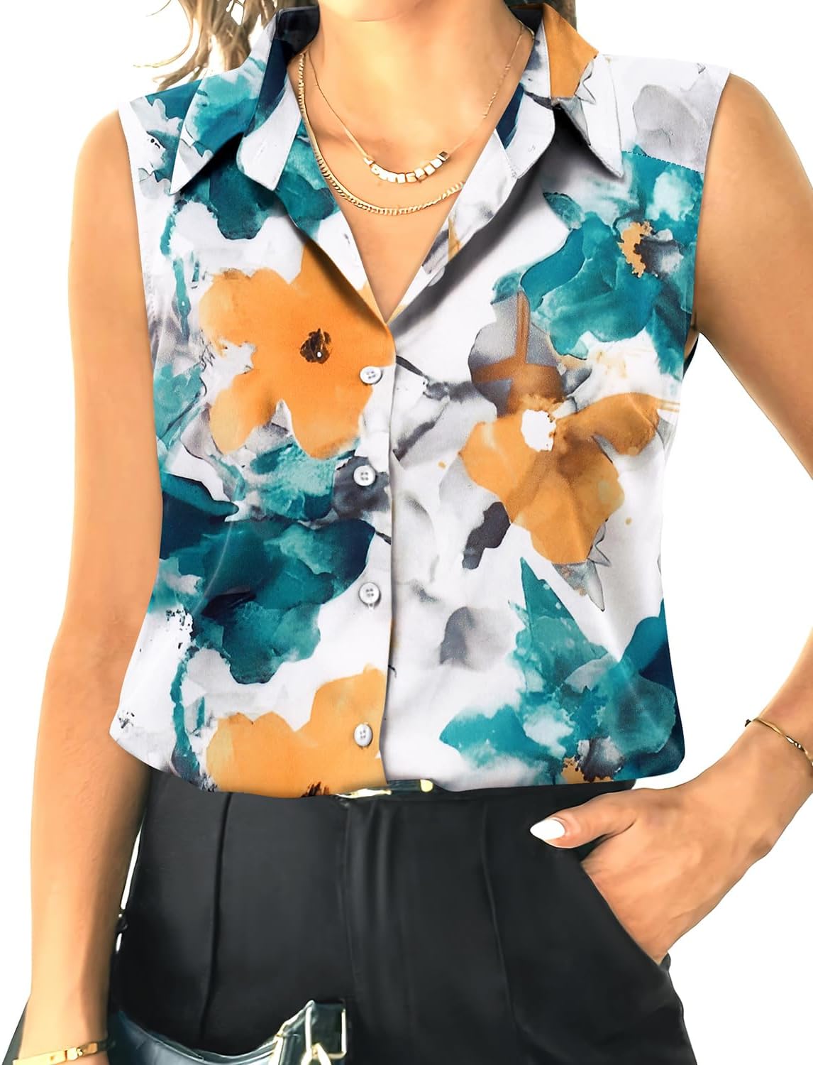 HOTOUCH Womens Sleeveless Button Down Shirt Tops V Neck Business Casual Collared Blouses Tank Top