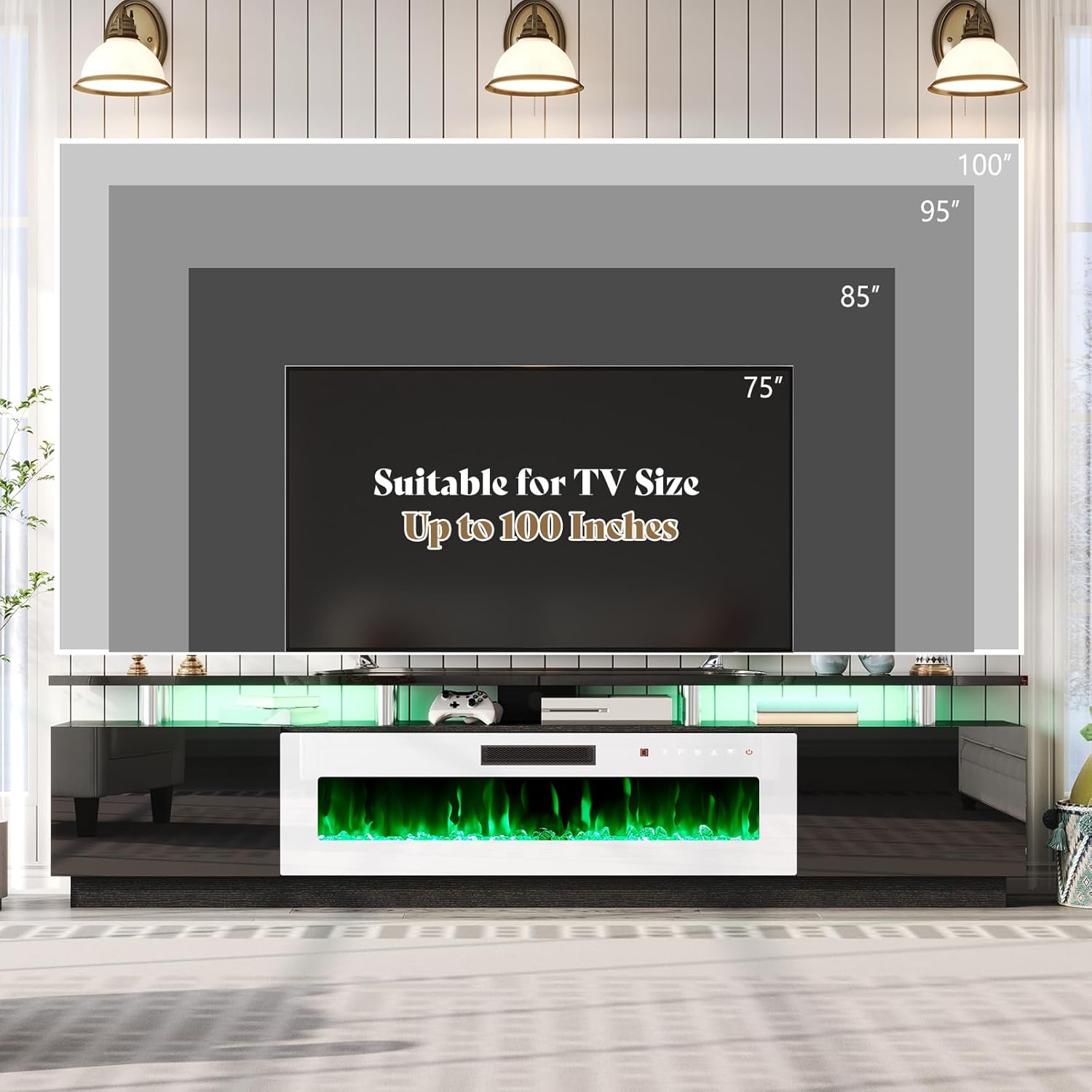 Diagram showing the dimensions of the AMERLIFE 90-inch TV stand and the 50-inch fireplace
