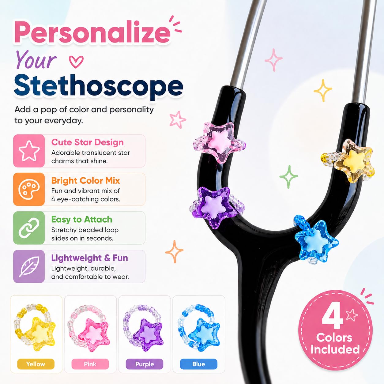 4 Pack Star Charm Stethoscope, Cute Bead Stethoscope Charms for Nurses, Custom Id Name Tag Charm, Gifts for Nurses, Doctors, Veterinarians (B)