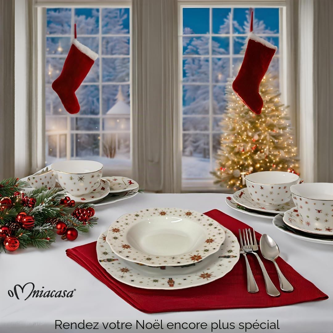 Service de Vaisselle de Noël en Porcelaine pour 6 Personnes avec Verres : 24 Pièces, Décorations avec Sapin de Noël Casse-Noix et Étoiles, Rouge et Blanc, Compatible Lave-Vaisselle et