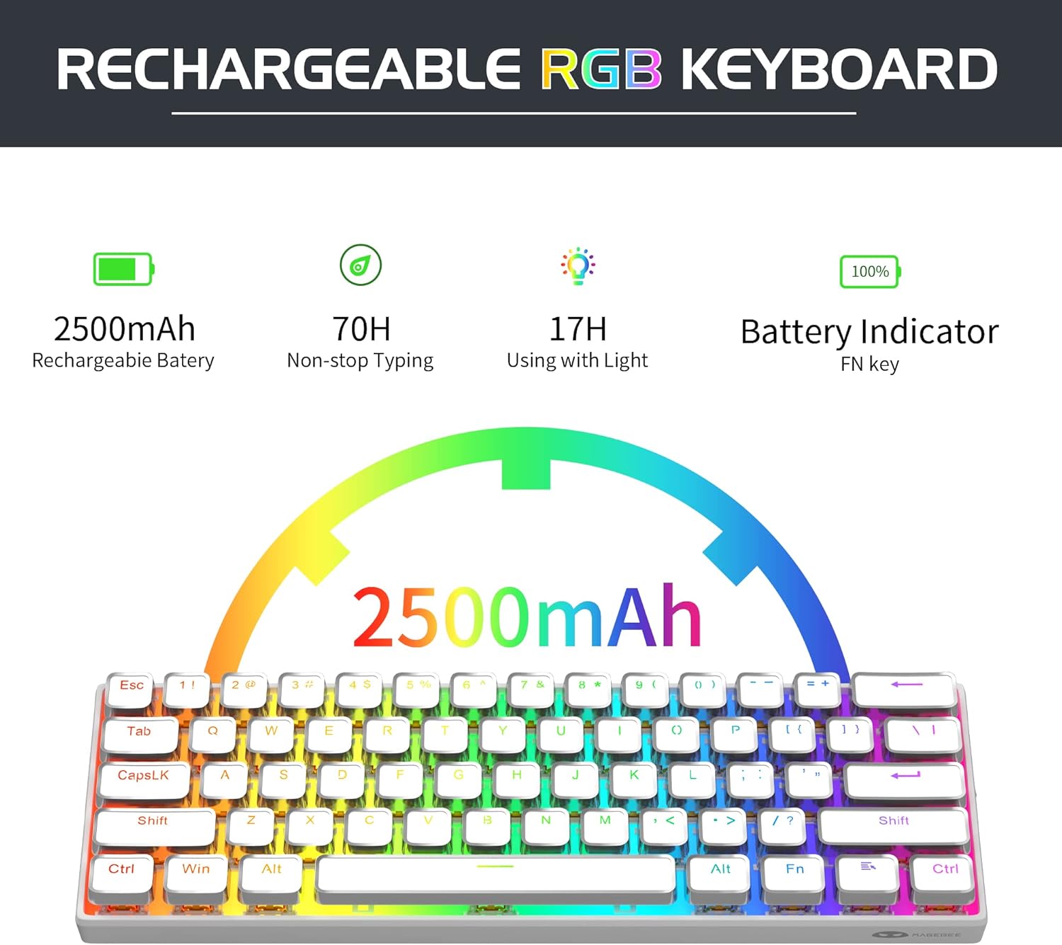 Portable 60% Typewriter Keyboard Wireless, Cute Cool RGB Backlit Mechanical Gaming Keyboard with Linear Red Switches, Wired/Wireless Connection 61 Keys Mini Keyboard for Windows Mac Android PC(White)