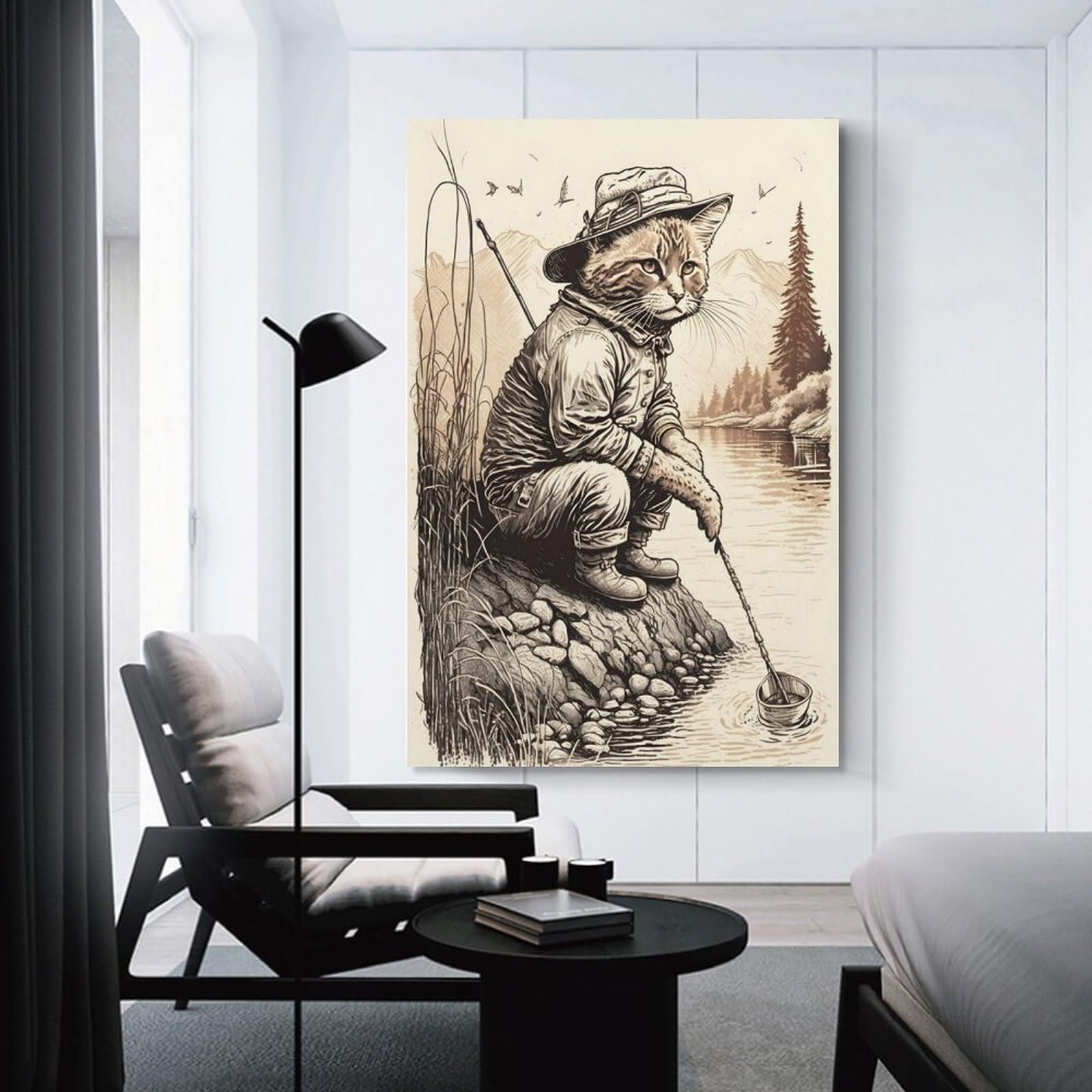 Junmoney Fisherman Cat in A Lake Canvas Art Print 24x36inch(60x90cm), for Gallery Wall Layouts in Home Or Office, Decorative Artwork with Flexible Styling