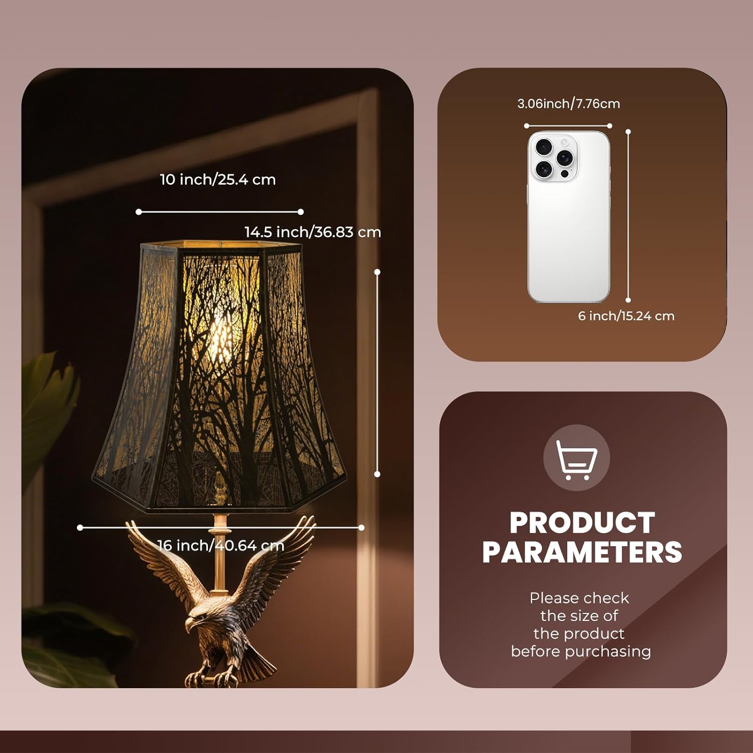 ALUCSET Metal Lampshade, 10" Top x 16" Bottom x 14.5" High (Spider) Lamp Shades Replacement for Floor Lamp, Bedside and Table Lamps, Antique Bronze Gold Hexagonal Lamp Shade - Art Etched- Lampshades