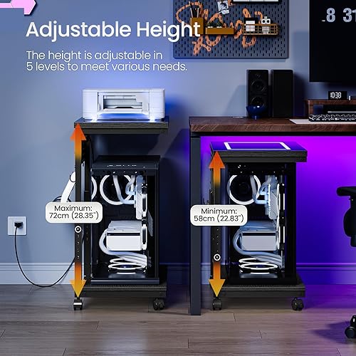 Miniatura 5 de Soporte de torre de computadora, carrito de PC debajo del escritorio con 2 ganchos, soporte de PC con luz LED, soporte de torre de PC ajustable