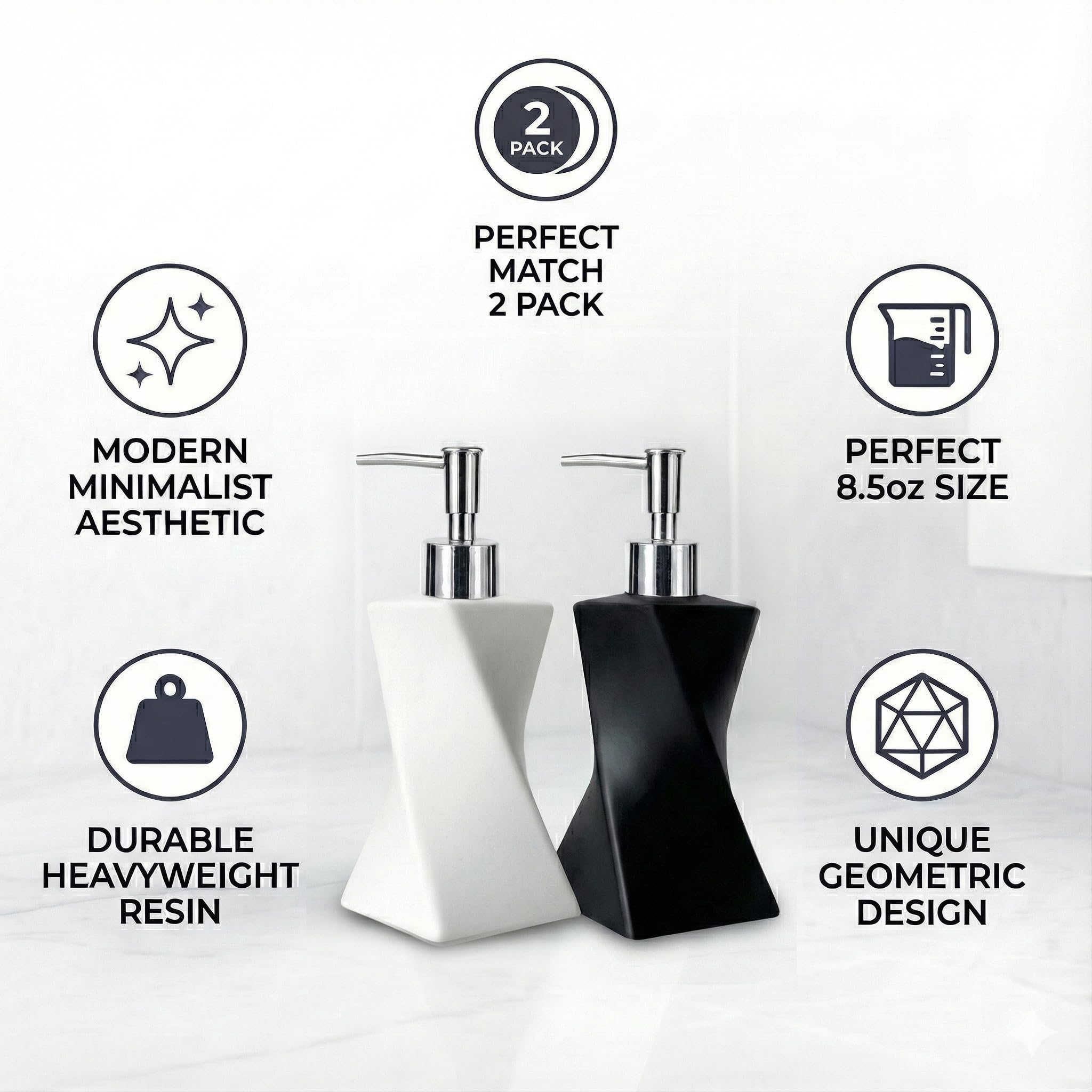 Set di 2 dispenser di sapone moderno bianco e nero con pompa argentata per bagno e cucina, stile arte contemporanea, finitura opaca, antiruggine, 250 ml