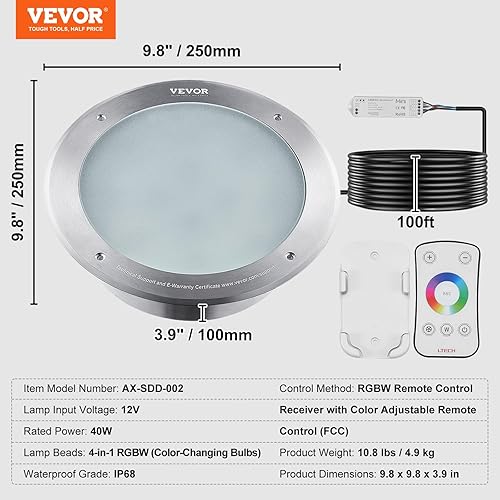 Miniatura 7 de VEVOR Luz LED para piscina, 12 V, 40 W, 10 pulgadas RGBW luces cambiantes de color para piscinas enterradas, estanques y spas, incluye cable de 100