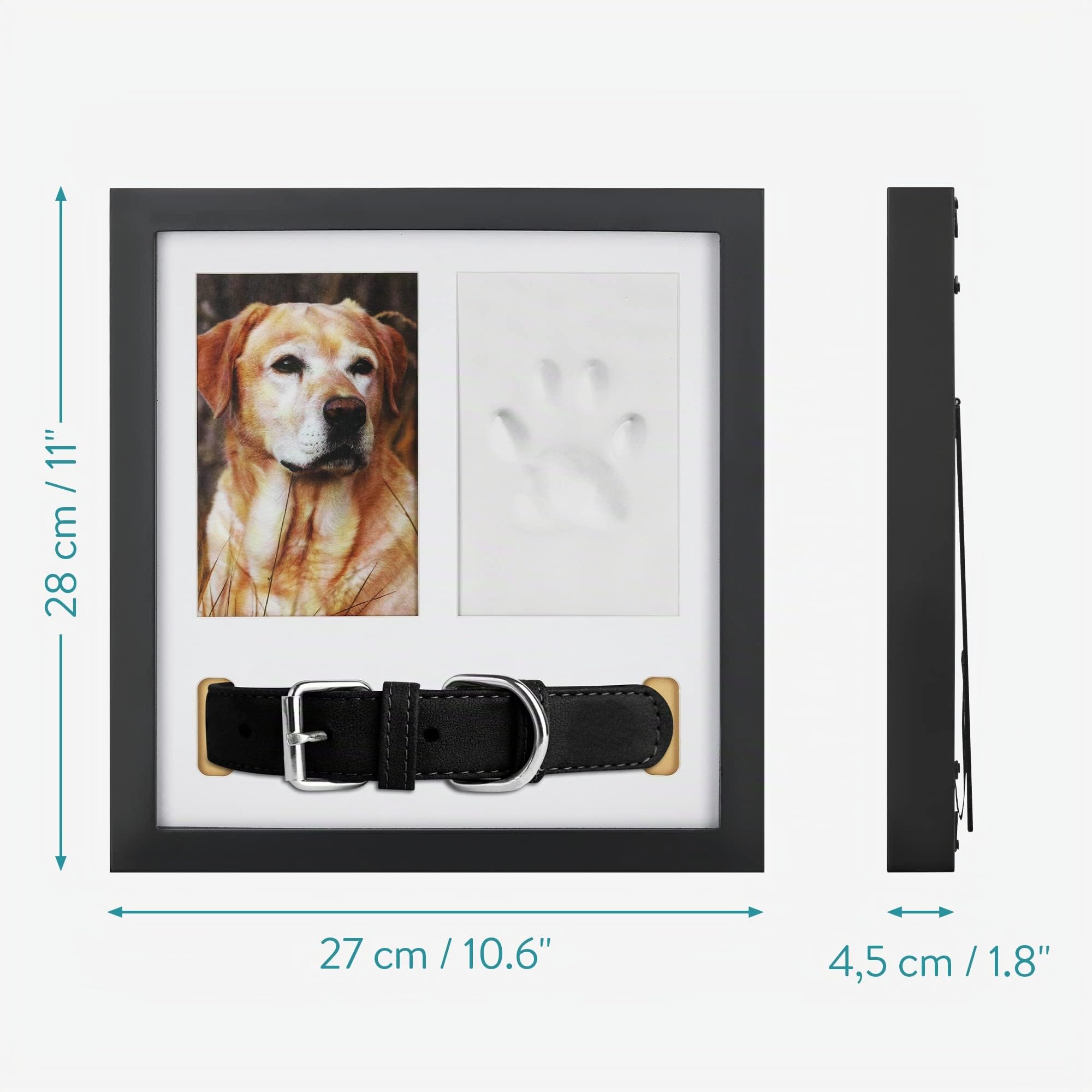 Navaris Marco de Foto 3 en 1 - Kit de Impresión de Huella en Arcilla para Perro con Espacio para Fotografía y Collar - Recuerdo de Mascotas