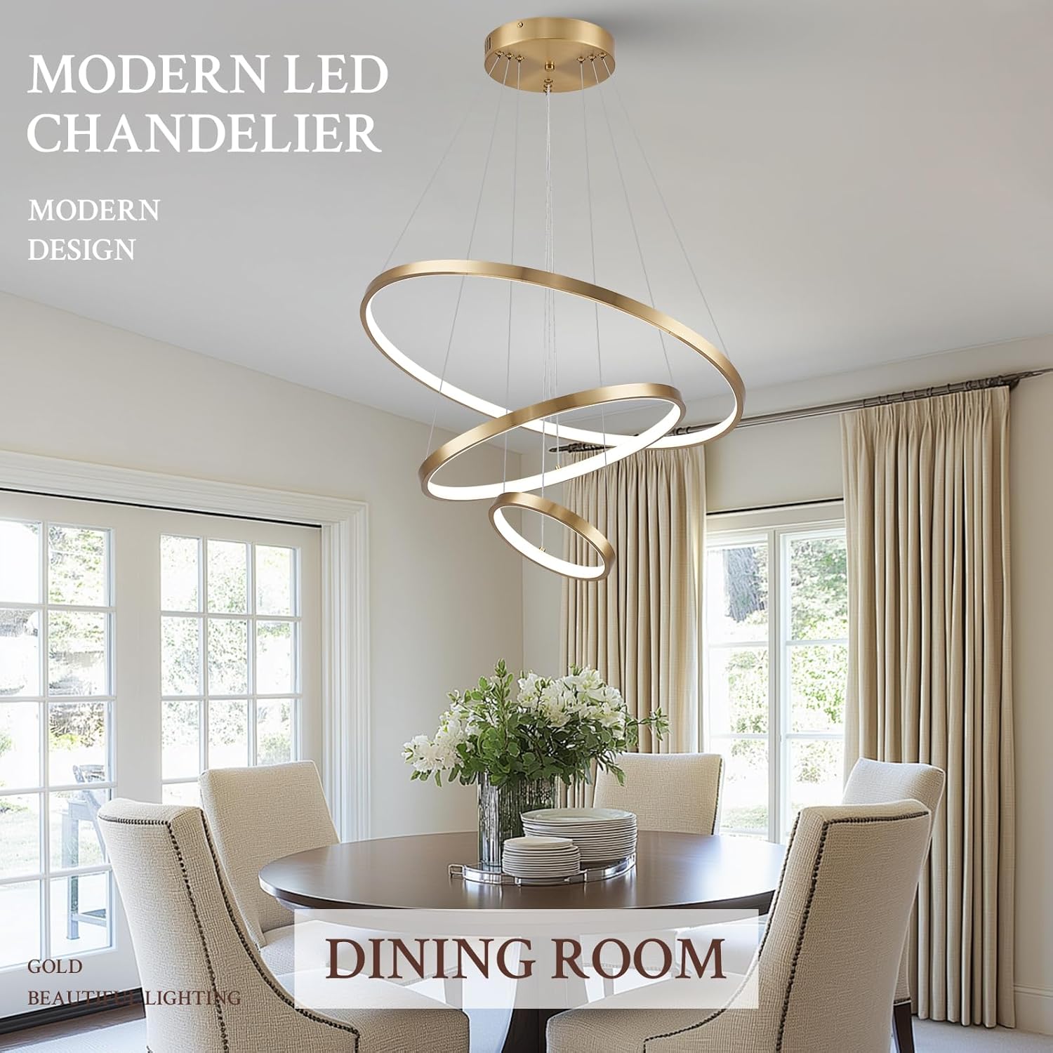 3 Ring Modern LED Chandelier Gold Dimmable Round Chandeliers, LED Circular Pendant Light Fixture with Remote Control for Living Room, Dining Room, Office, Entry, Bedroom