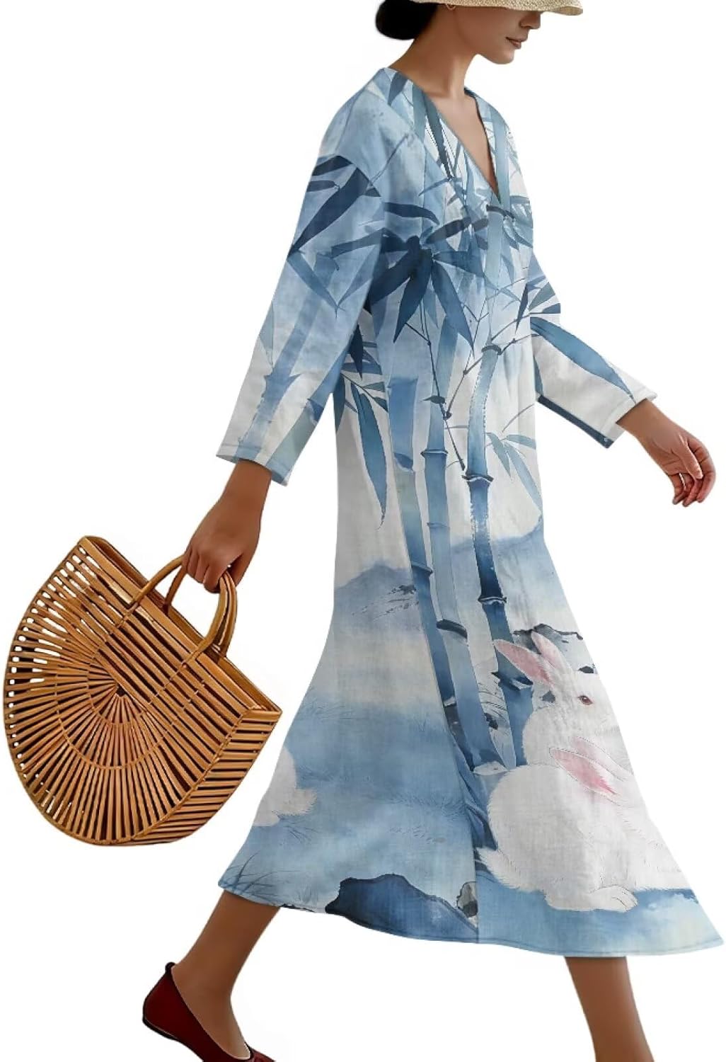 3/4 Sleeves Linen Dress for Women V Neck Loose Midi Dress Elegant Party Holiday Soft Summer Fall Dress