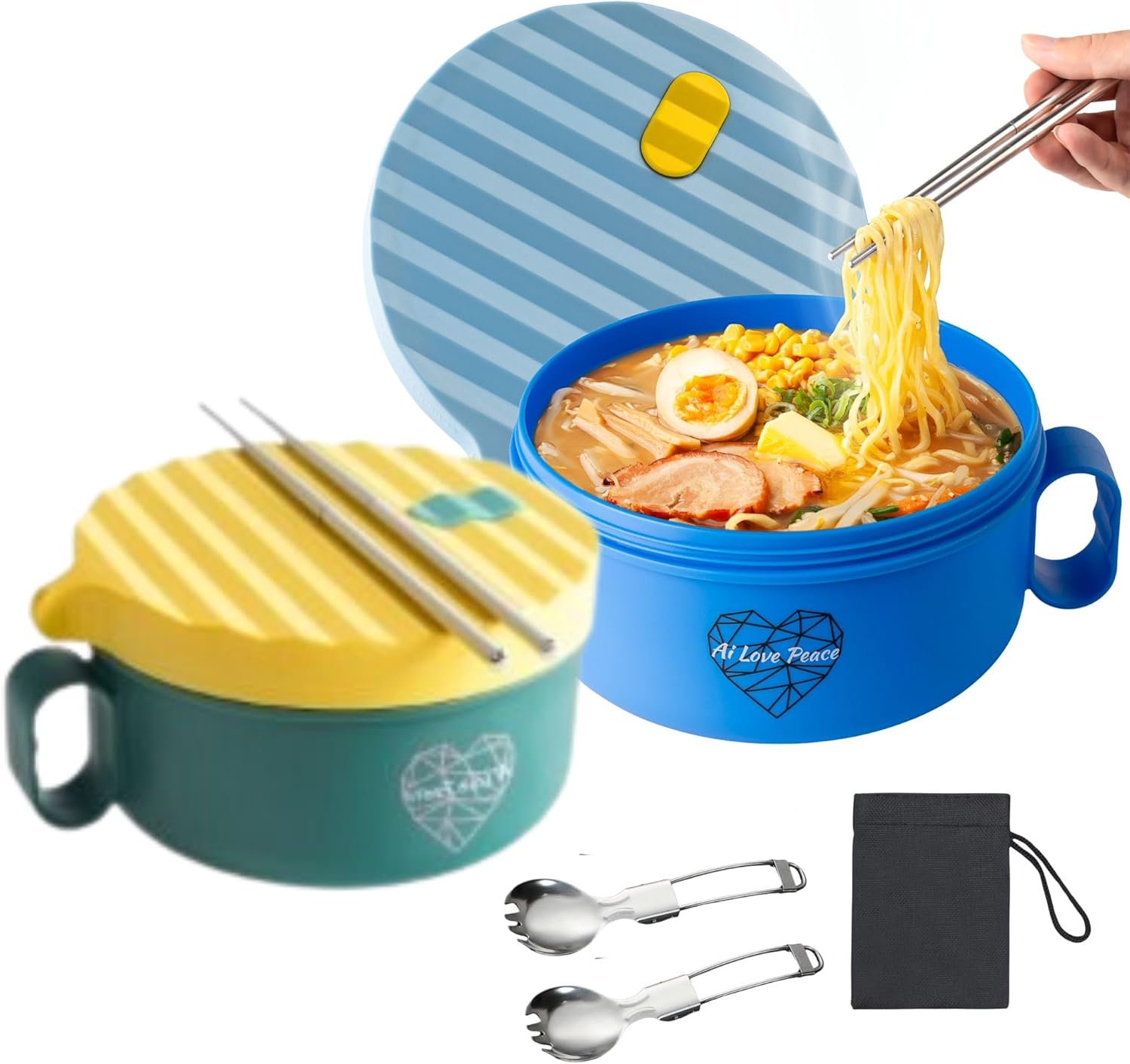 AI LOVE PEACE Microwave Ramen Bowl Microwavable Cooker for Dorm Room Essentials Ramen Maker Microwave Safe Instant Noodles Soup Bowls -BPA Free-Dorm Room Gifts, Holiday Gift (Blue & Green)