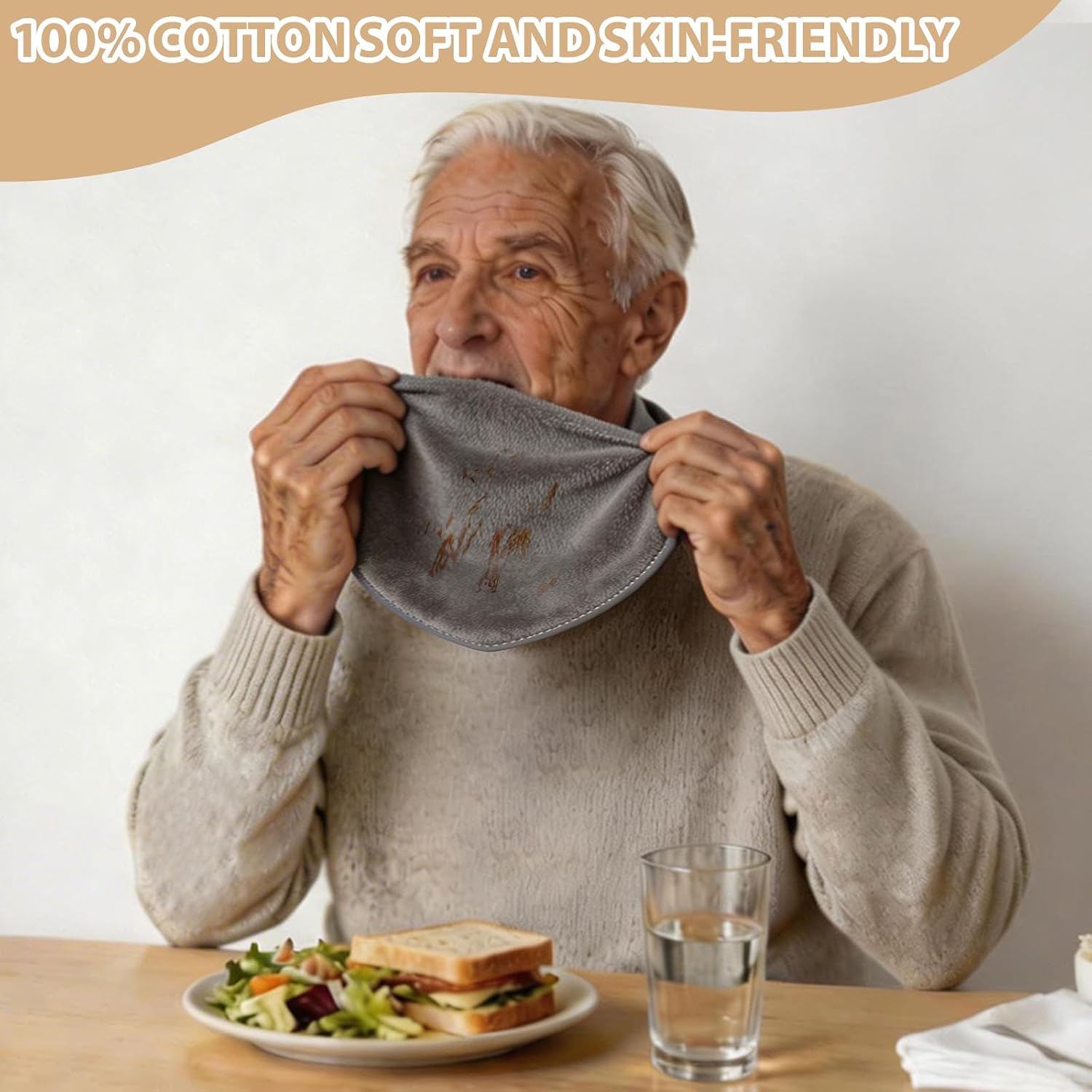 3 Pack Adult Bibs for Seniors Men Women, Soft Cotton Absorbent Drooling Bibs, Adjustable Clothing Protector