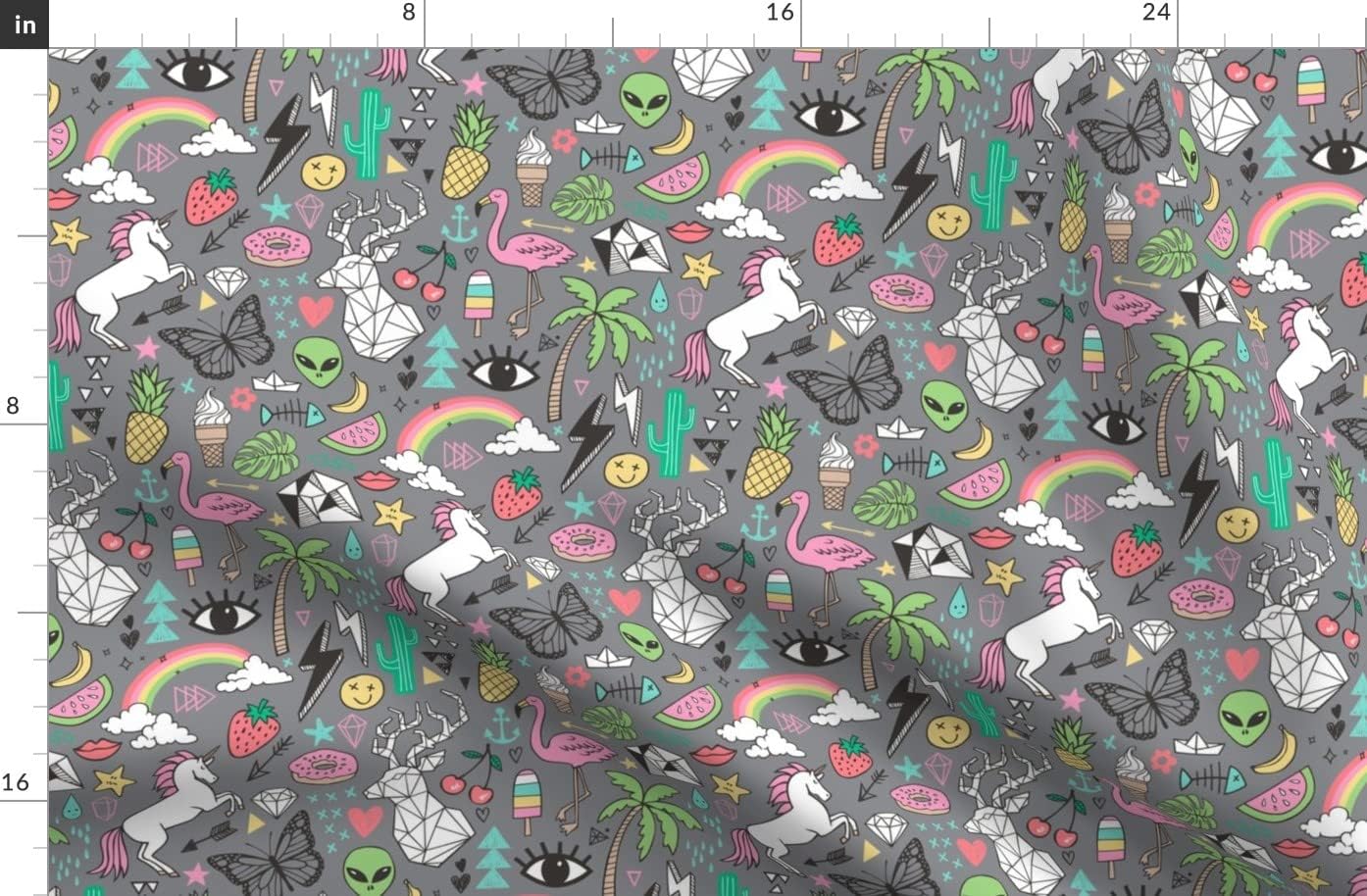 Spoonflower Fabric - Summer Doodle Geometric Triangle Deer Unicorn Rainbow Cactus Flamingo Printed on Organic Cotton Sateen Fabric by The Yard - Sewing Quilting Apparel Home Decor
