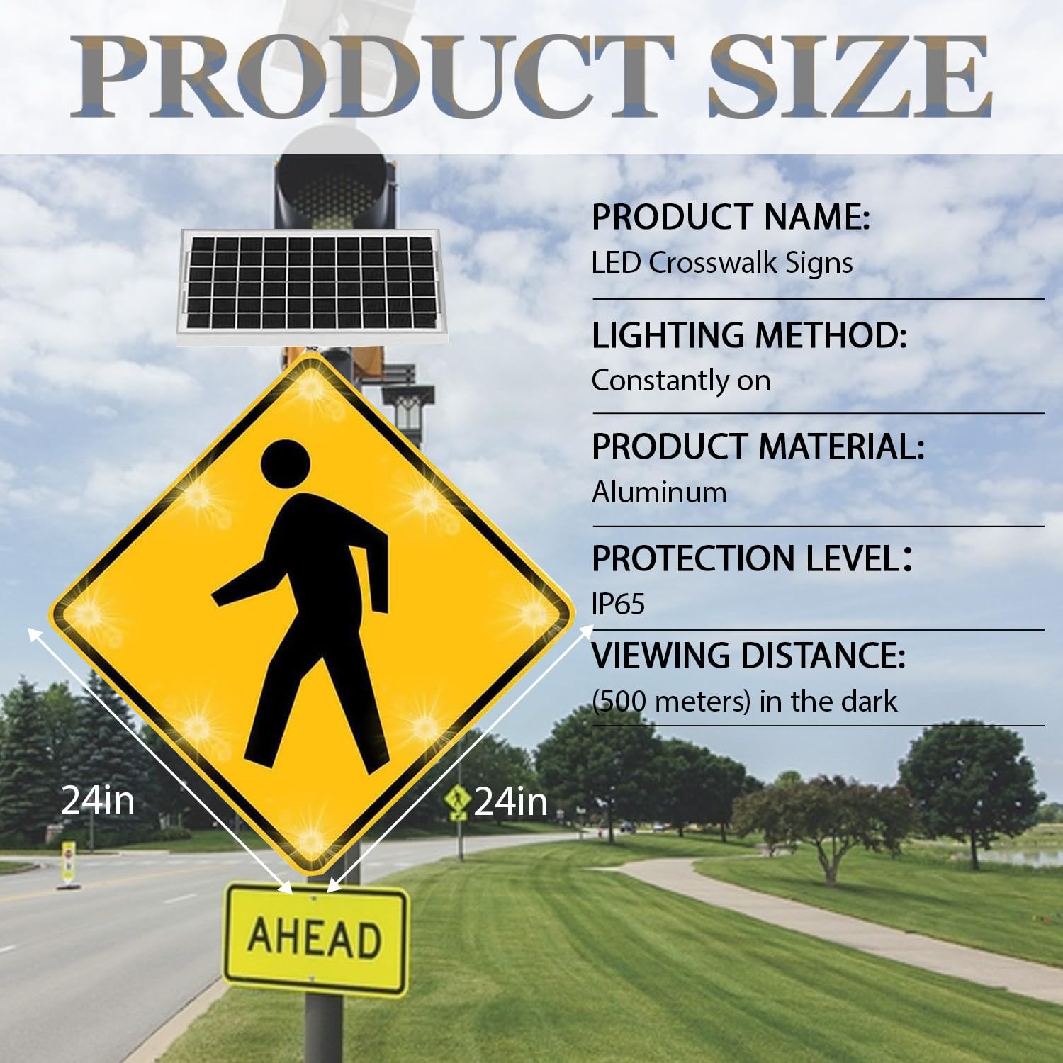 Señal de Cruce peatonal con luz LED Intermitente y energía Solar de 24''/30'', película Reflectante de Grado Industrial, señales de Cruce peatonal de Aluminio 2sets-24in