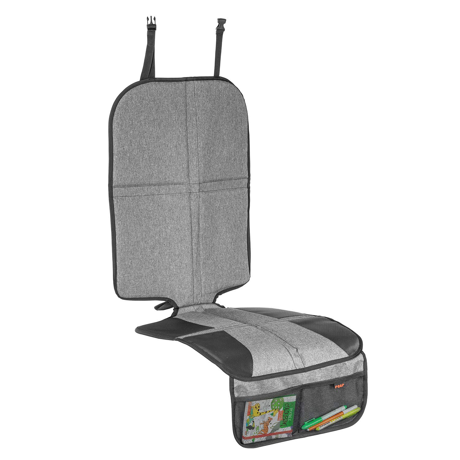 reer Kindersitz-Unterlage TravelKid MaxiProtect, Autositz-Schutzunterlage mit Rückenlehnen-Schutz, rutschfeste Unterlage, ISOFIX geeignet, für alle herkömmlichen Modelle, grau