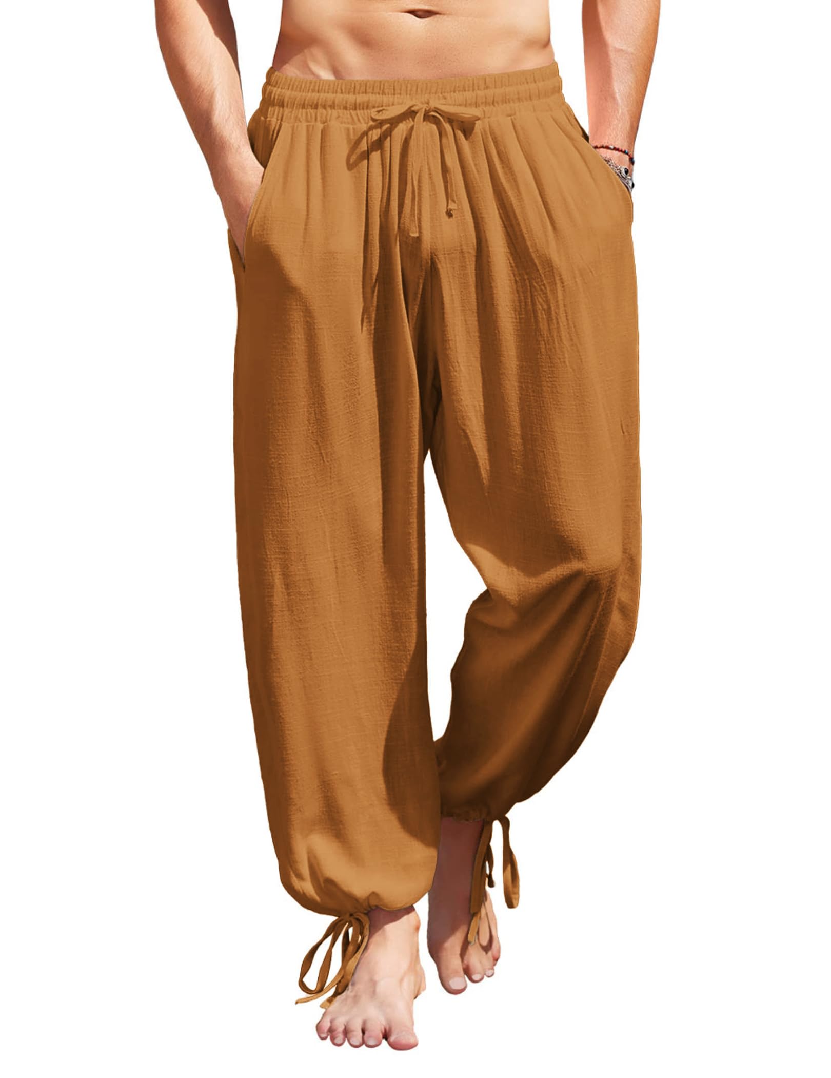 COOFANDY Men's Cotton Linen Casual Pants Elastic Waist Harem Beach Trousers