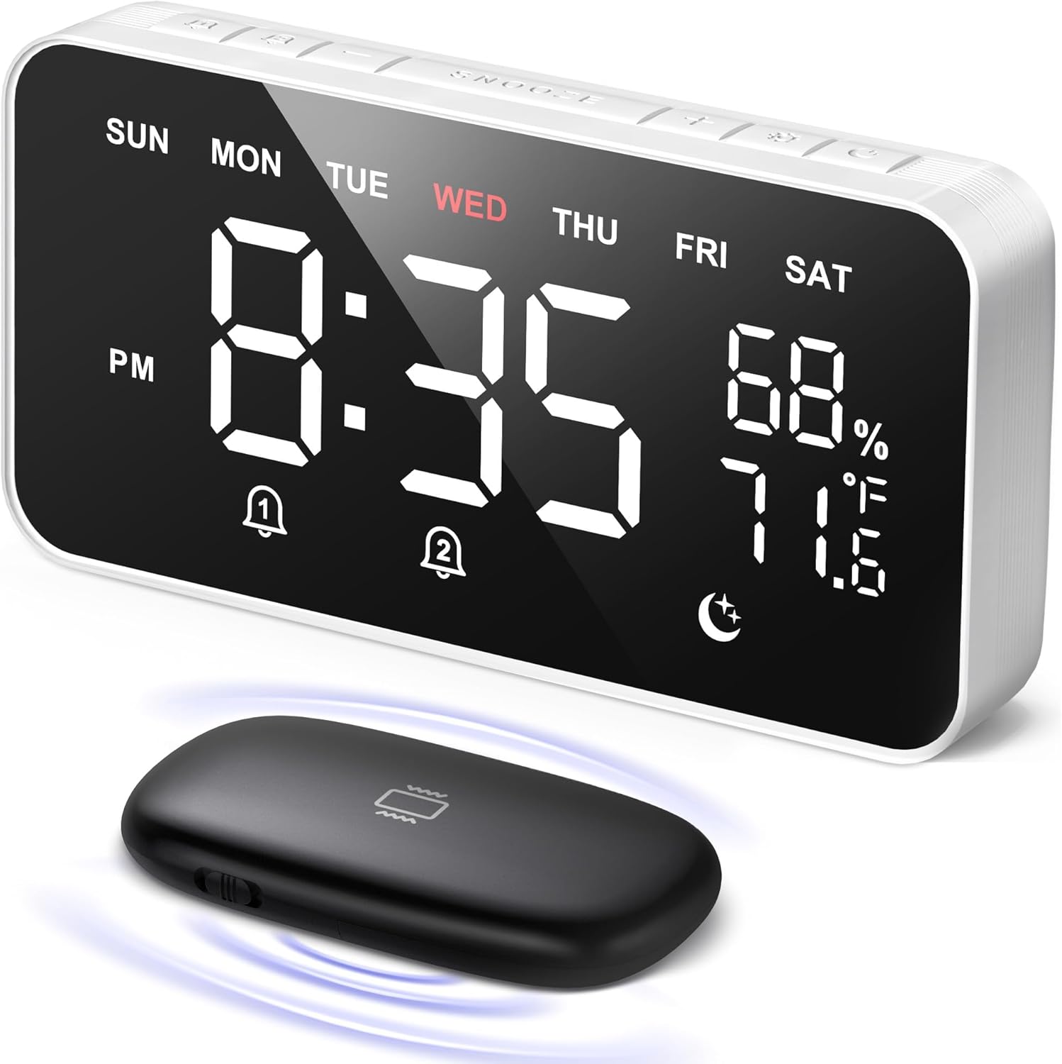 Dekala Loud Alarm Clock for Heavy Sleepers Adults, Wireless Bed Shaker Vibrating Dual Alarm Clocks for Bedrooms, Dimmable Large Display,Temperature & Humidity Detect, 7-Day Programmable Alarm