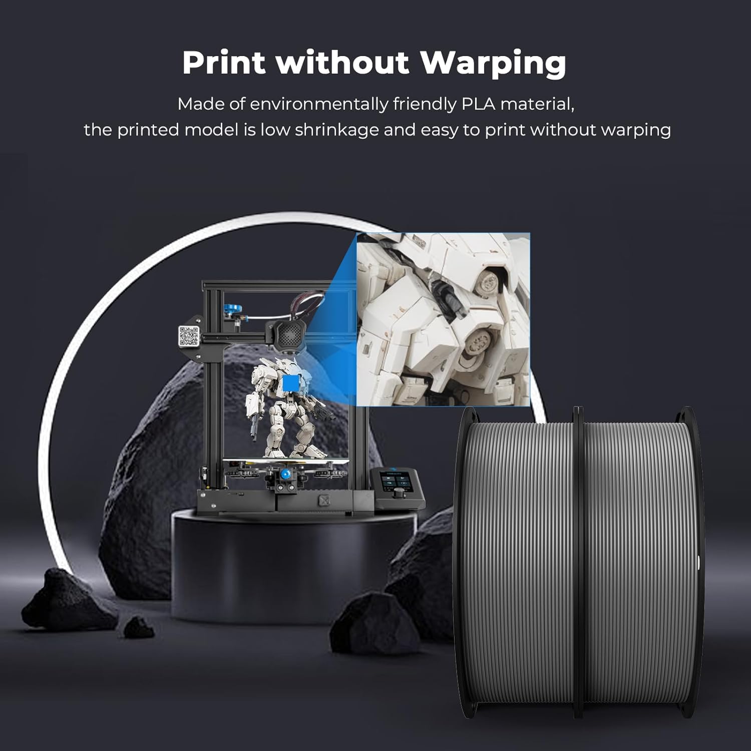 Creality 3D Printer Filament, PLA Filament 1.75mm Bundle for 3D Printing, Black White Grey