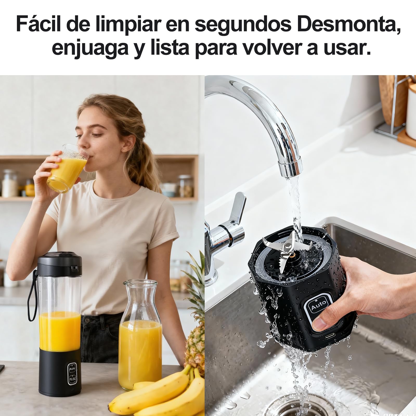 FRZA Batidora PRO Portátil Recargable USB, Batidora de Vaso Personal para Smoothies y Zumos, con Función Auto y Pulse, Color Negro