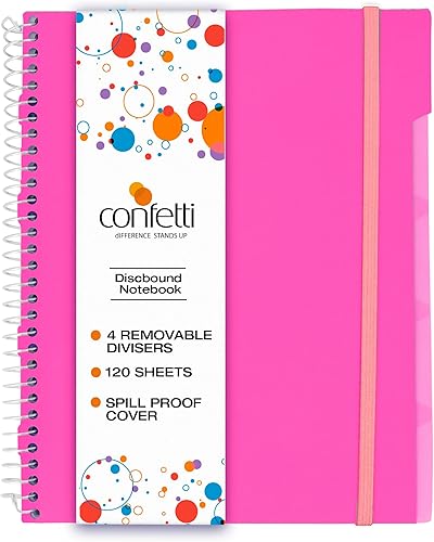 Miniatura 1 de Confetti Cuaderno de espiral perforado con agujeros, 4 divisores extraíbles, cubierta a prueba de derrames, banda elástica de cierre, bolsillo de
