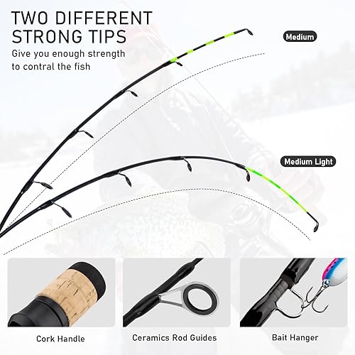 Miniatura 3 de QualyQualy Combo de caña de pescar en hielo y carrete de 24 pulgadas M/ML en línea de pesca en hielo, 2 consejos diferentes para lucioperca, panfish