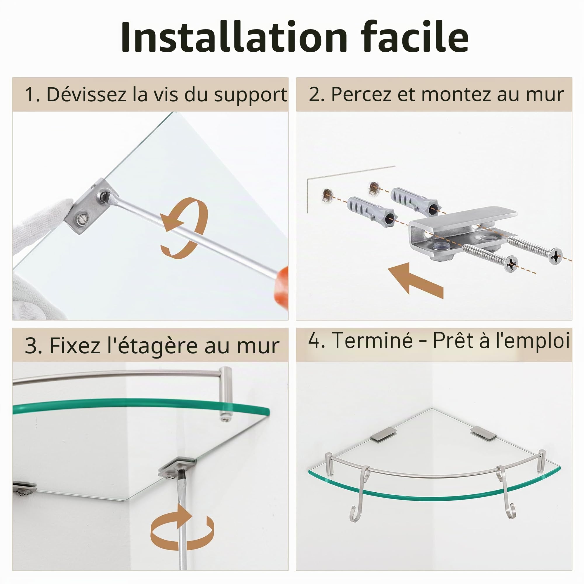 KES Étagère en Verre Étagère de Salle de Bain Murale Verre Trempé Tablette Douche d'angle Acier Inoxydable SUS304 Brossé, BGS2101A-2