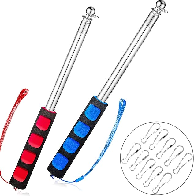 2 Pieces Telescopic Flagpole Stainless Steel Handheld Flag Pole Extendable Portable Flag Pole and 10 Pieces Flag Pole Clip Hooks for Teacher Classroom Tour Guide Banner Flag