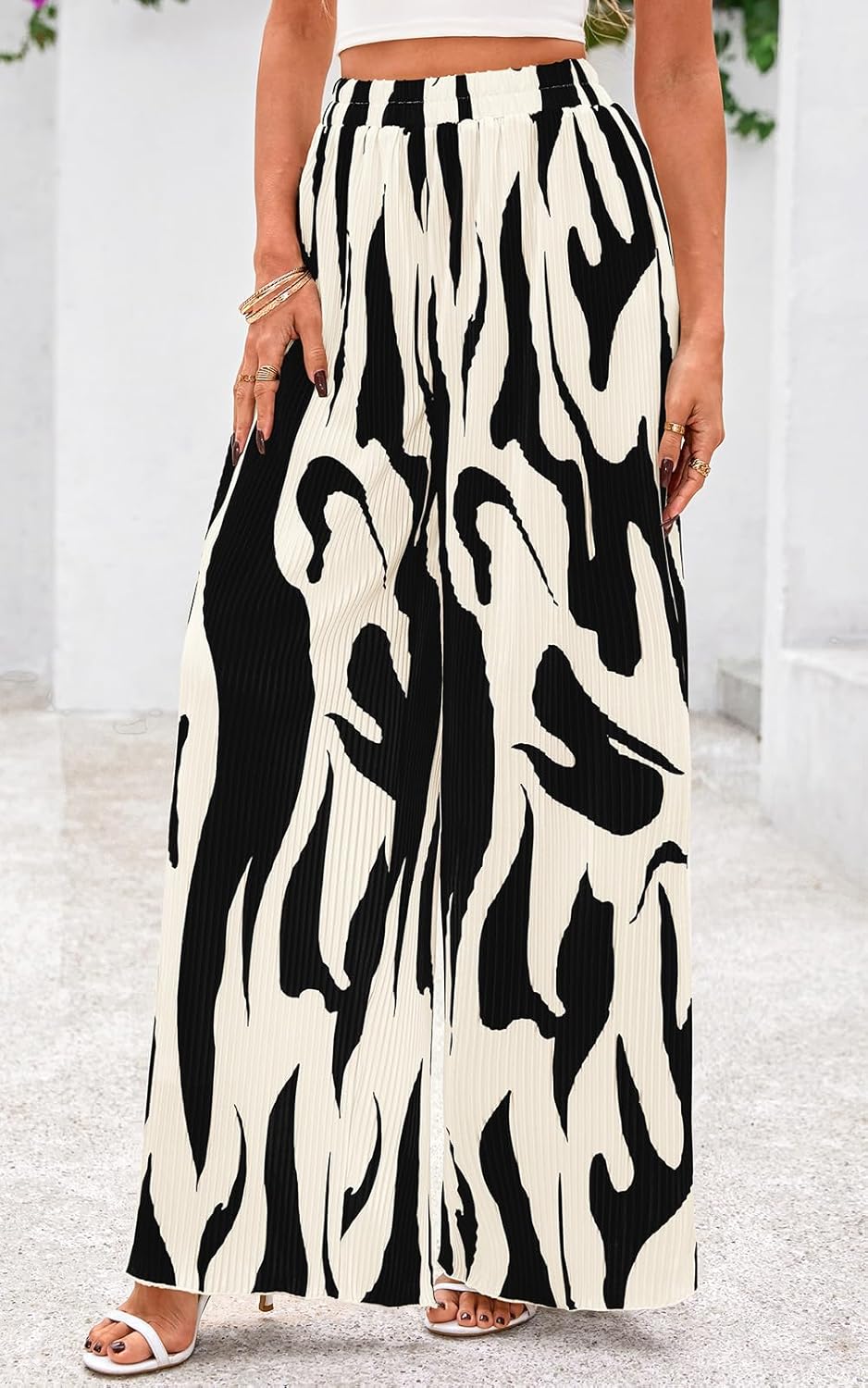 PRETTYGARDEN Womens Pants Dressy Casual Wide Leg Graphic Print Lounge Pants Women Comfy High Waist Pleated Palazzo Pants - Image 3