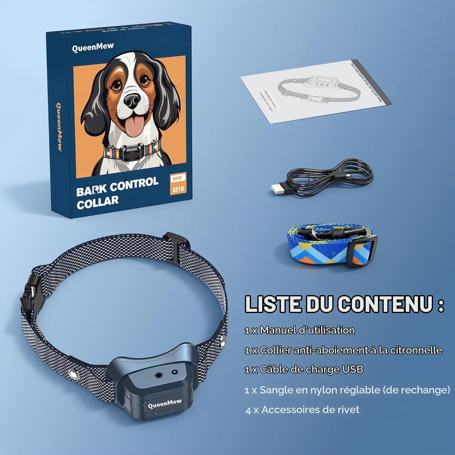 Collier Anti Aboiement Chien, Collier Anti Aboiement Chien Citronnelle Spray, 2 Modes de Pulvérisation Réglables, Anti-aboiement Automatique, Collier de Dressage pour Chien, Étanche et Rechargeable
