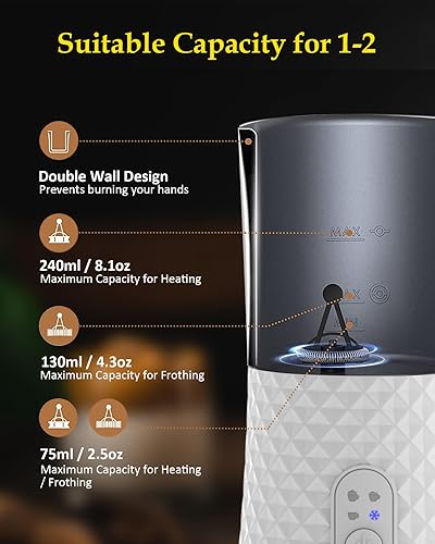 Miniatura 6 de Espumador de leche eléctrico 4 en 1 y vaporizador de leche, diseño elegante antideslizante, vaporizador de leche caliente y fría con control de