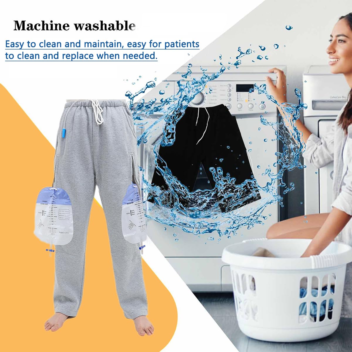 Pantalones de catéter para hombres/mujeres, pantalones de nefrostomía, pantalones de bolsa de orina, pantalones de catéter Foley con capacidad para 2 bolsas de orina (negro, talla L: 27.5 a