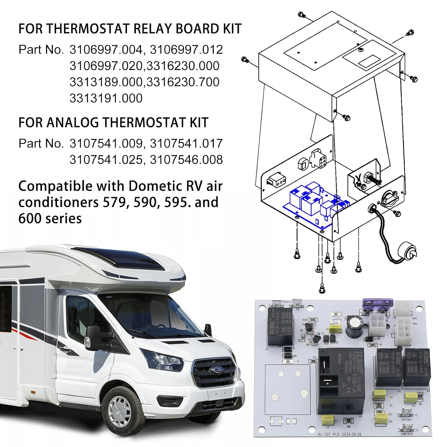 3106996022 3106996.022 Heat & Cool Thermostat Relay Analog Control Circuit Board Kit for Dometic RV Air Conditioner (White)