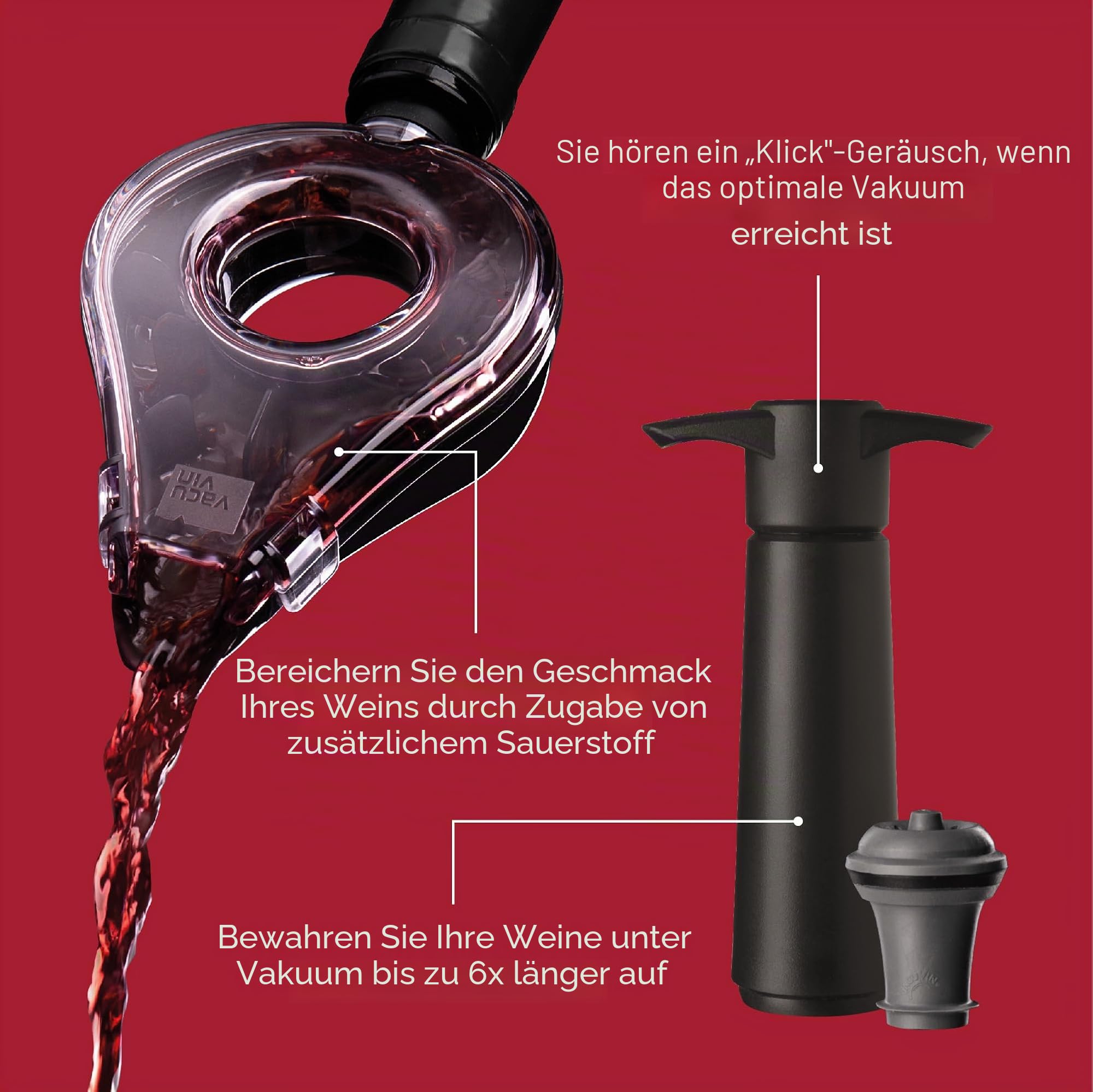 Wine Set Air Deluxe - Set of 5 | Lever Corkscrew, Wine Aerator, Wine Saver, 2 Vacuum Stoppers