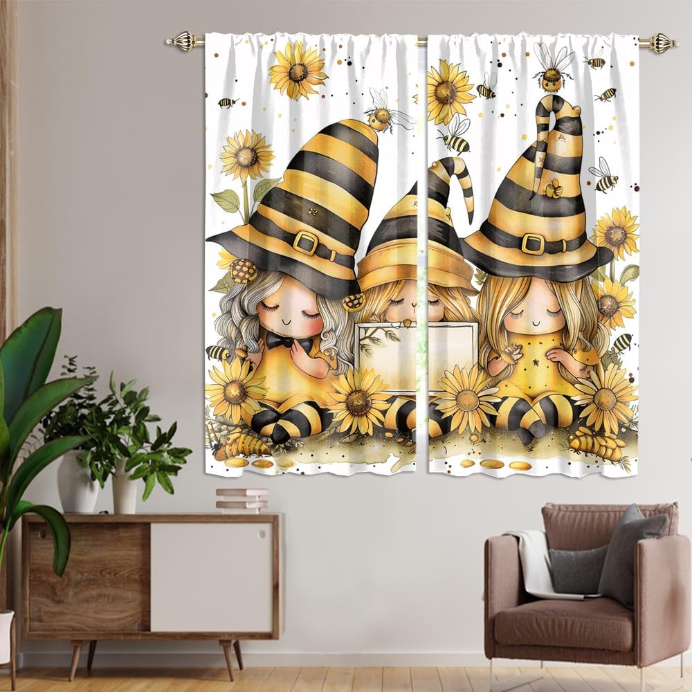 Funny Abstract Fall Gnomes Blackout Curtains Cute Cartoon Gnome Farm Florals Sunflower Curtains for Living Room, Bedroom, Or Dining Room 2 Panels 63" L x 31.5" W