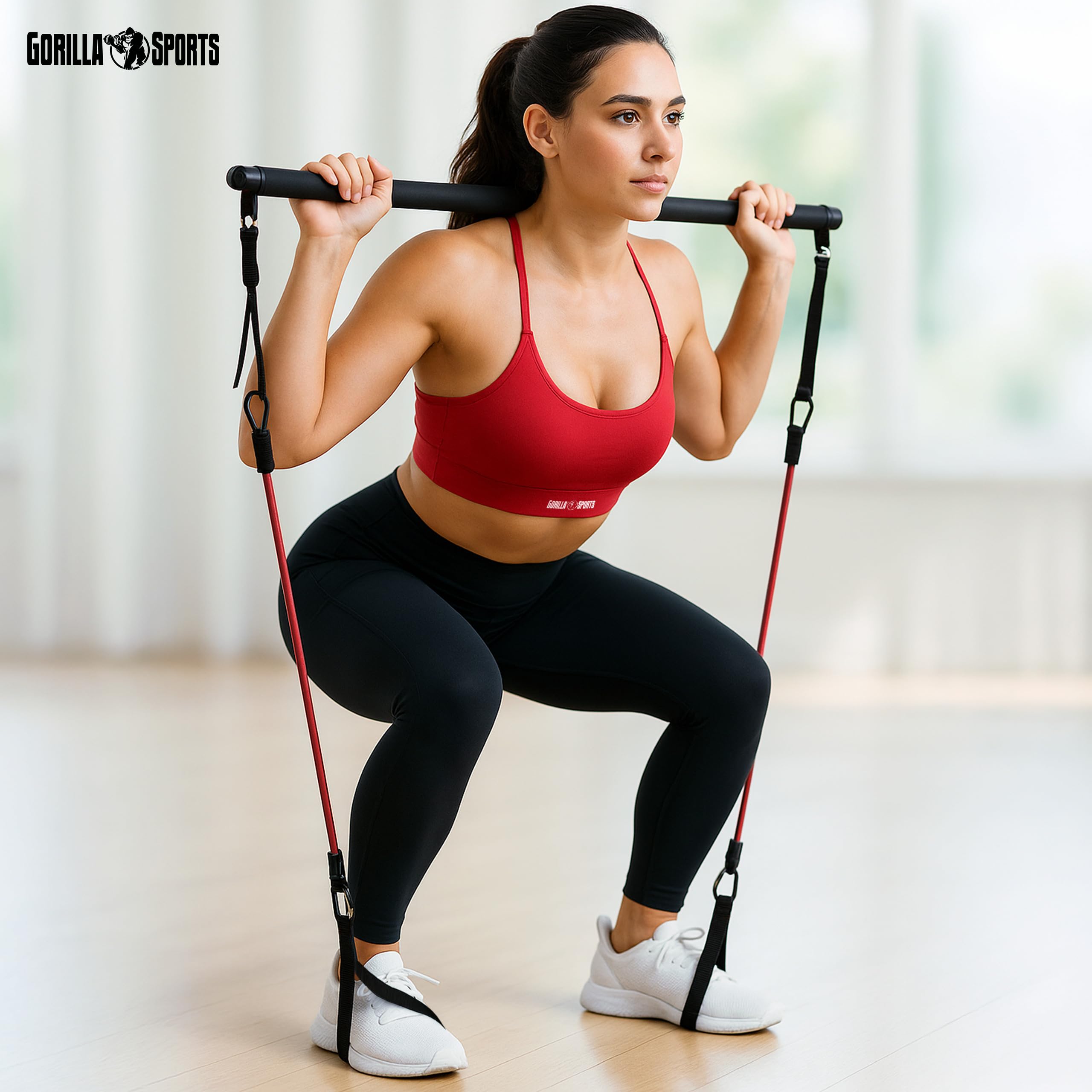 GORILLA SPORTS® Pilates Bar Set - mit Stange, Widerstandsbänder, Hand- und Fußschlaufe, Verstellbar - Smart Workout, Resistance Bands, Home Gym Equipment, Krafttraining, Fitness Zubehör