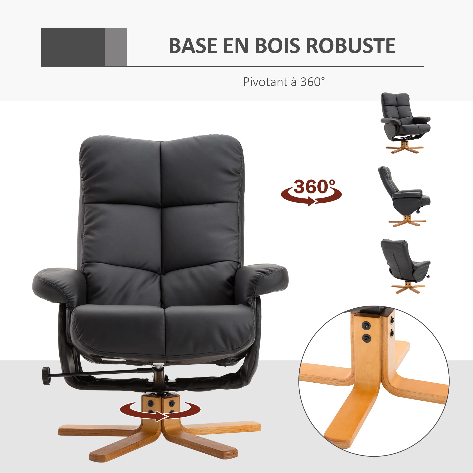 HOMCOM Fauteuil Relax avec Repose-Pied, Fauteuil de Relaxation en PU, pivotant à 360°, Dossier inclinable, Assise et Dossier rembourrés, Rangement caché, pour Salon, Chambre, Home cinéma, Noir