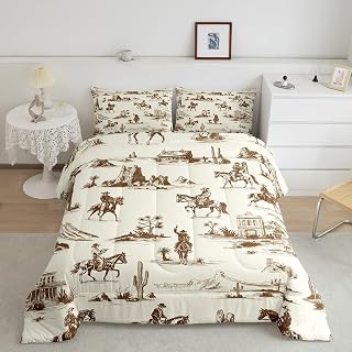 Cowboy Bedding Set Western Decor Comforter for Boys Teenagers Men,Wild West Illustration Bedding Grunge Retro Cowboy Design Decor Bed Comforter Set Southwestern Hat Shot Cactus Quilt Full Size