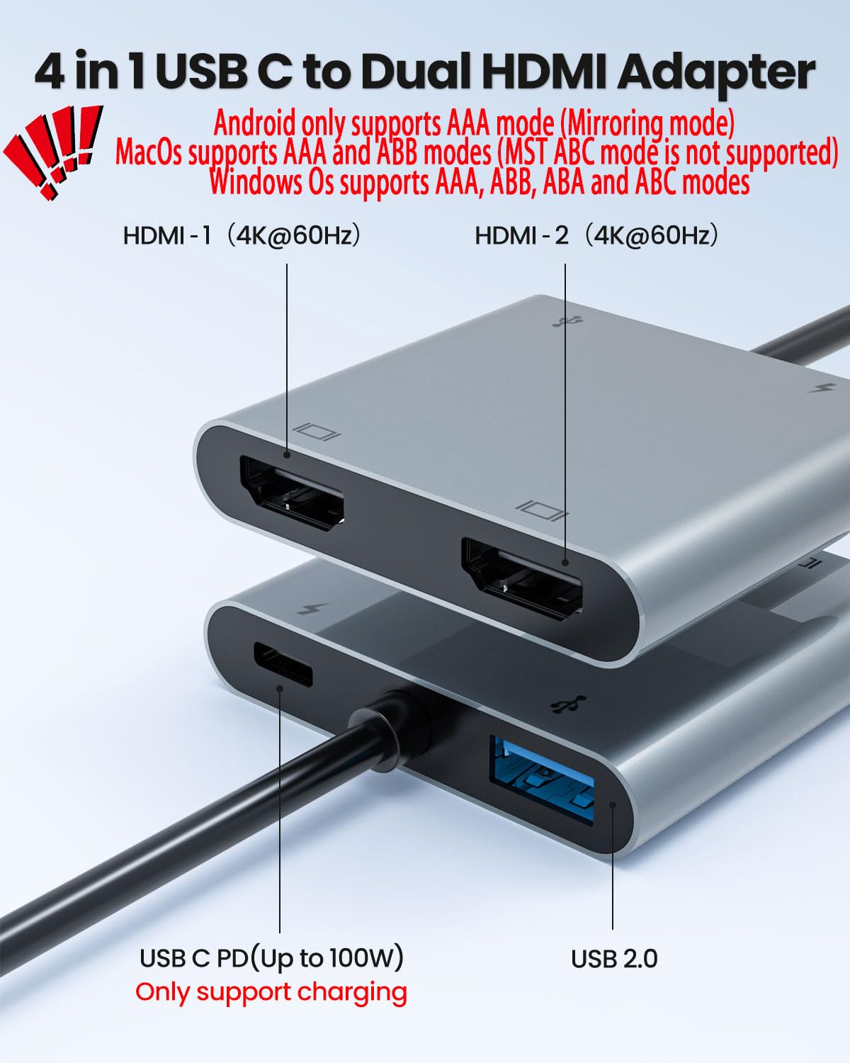 Adaptador USB C a doble HDTV, divisor  4K a 60Hz HDTV para monitores duales, macOS solo permite el modo espejo, Windows permite la visualización de varios monitores 3 pantallas separadas para PD de 100 W, puerto USB-A 3
