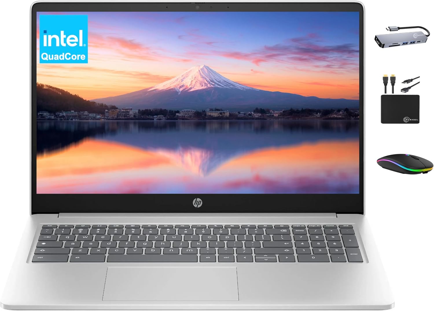 Chromebook 2025 Premium Laptop Student Business, 15.6" HD Display, Quad-Core Intel N200 Processor, 8GB RAM, 564GB Storage (64GB eMMC+ 500GB Ext), UHD Graphics, Wi-Fi, Chrome OS +MarxsolAccessory