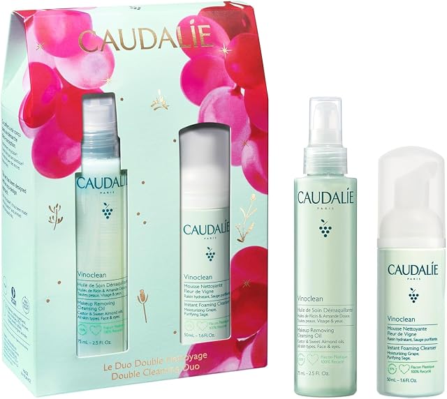 Caudalie Vinoclean Ensemble de soins de la peau, maquillage Suppression de l'huile nettoyante 75 mL et Nettoyeur de mousse instantanée 50 mL Double nettoyage duo