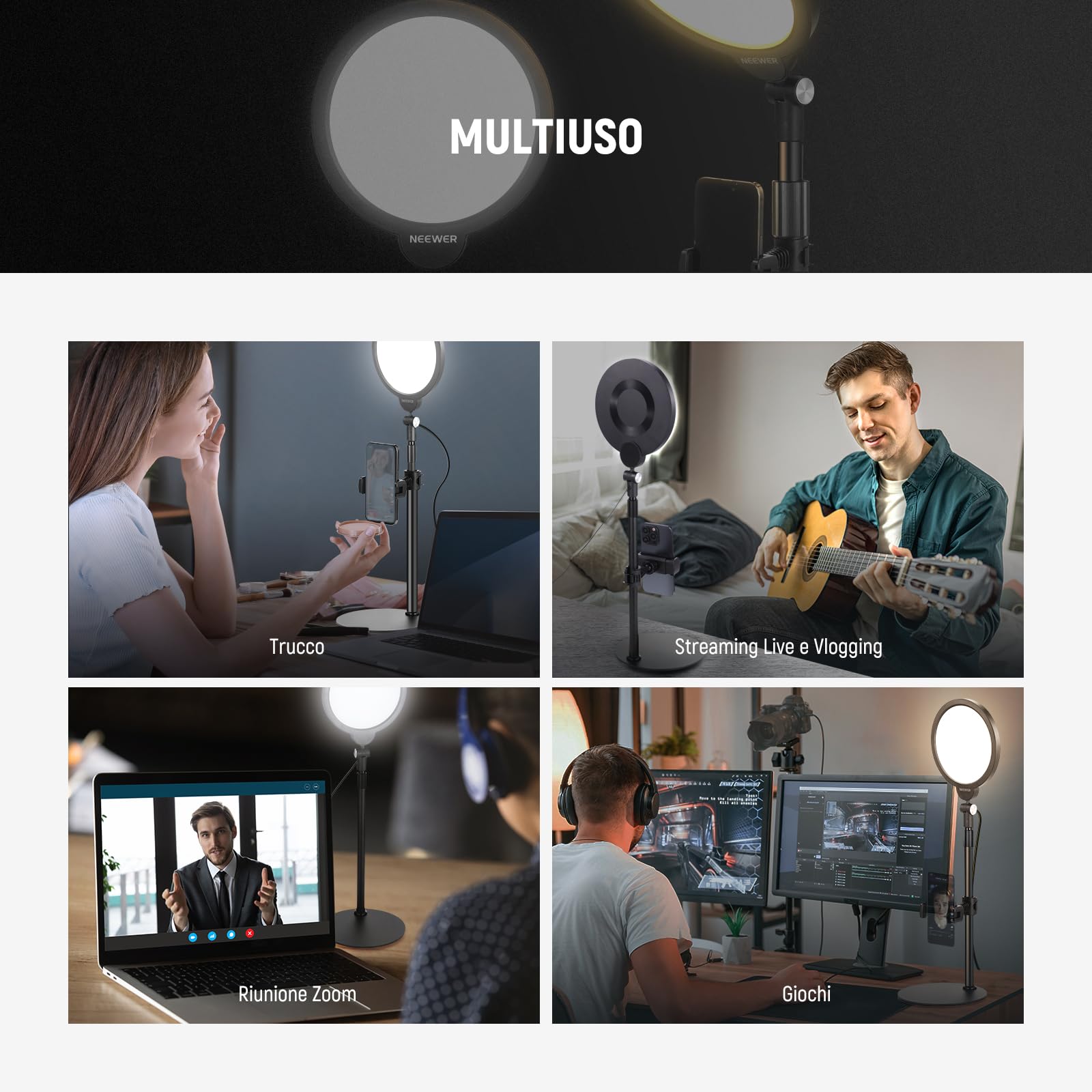 NEEWER Basics 7” Ring Luce Video da Tavolo, 10W Key Light a Schermo Intero Dimmerabile con Supporto/Portatelefono/Panno Pulizia per iPhone Computer Laptop Vlog Foto Sreaming Live Videoconferenza, R06